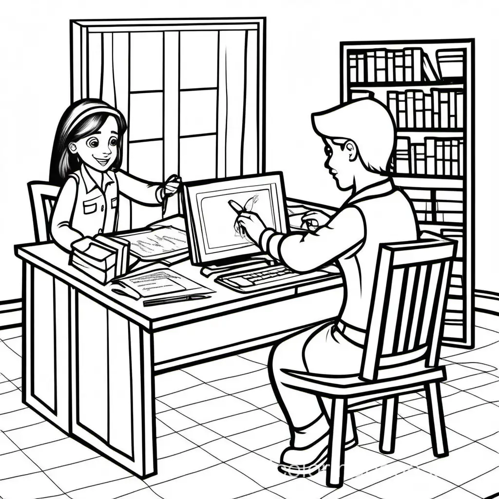 take your daughter to work day cartoon, Coloring Page, black and white, line art, white background, Simplicity, Ample White Space. The background of the coloring page is plain white to make it easy for young children to color within the lines. The outlines of all the subjects are easy to distinguish, making it simple for kids to color without too much difficulty
