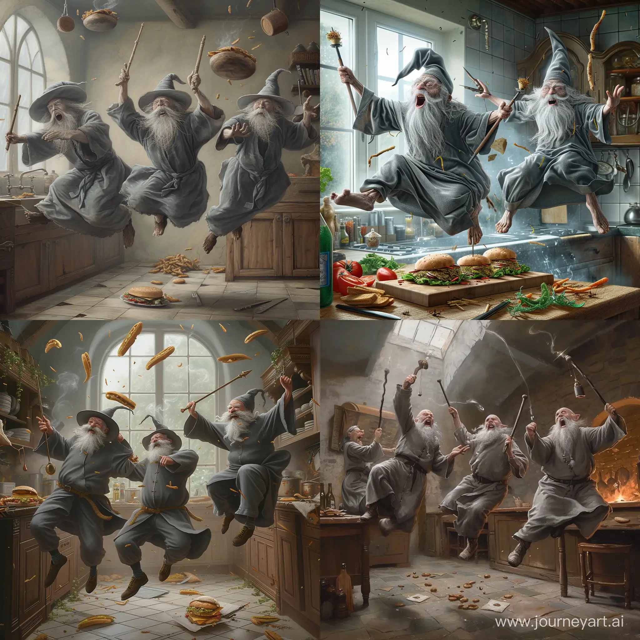 реалистичное изображение старых серых седых колдунов  и их магии в фаст фуде на кухне с посохами и заклинаниями. Колдуны прыгают и веселятся на кухне