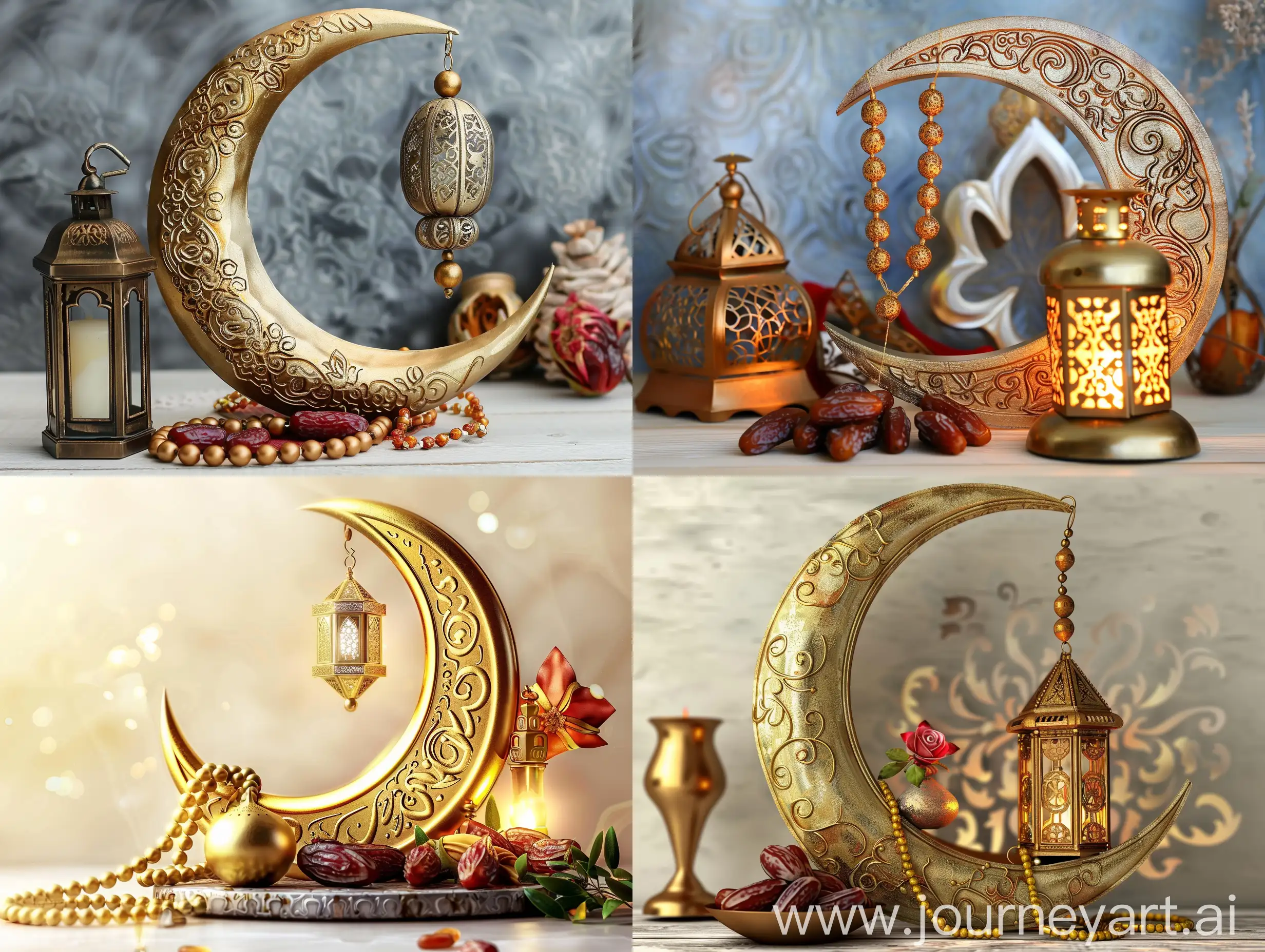 Ramadan kareem background. Golden ramadan half moon decor with lantern, Islamic rosary beads and dates fruit