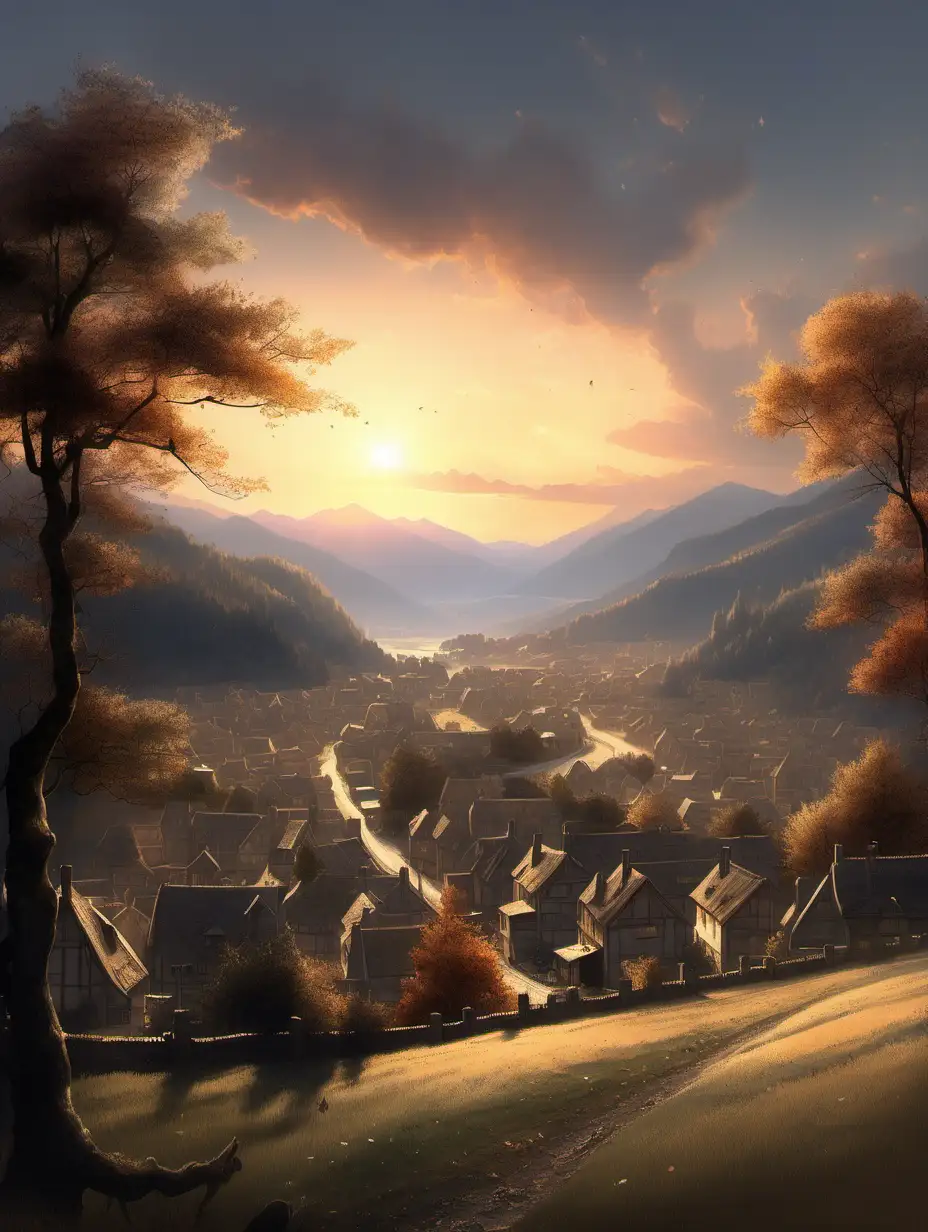 The sky, the mountains on the left, the valley beneath them, a distant village with cosy houses among the trees on the right are in the dark. The first rays of the sun appear from behind the horizon.