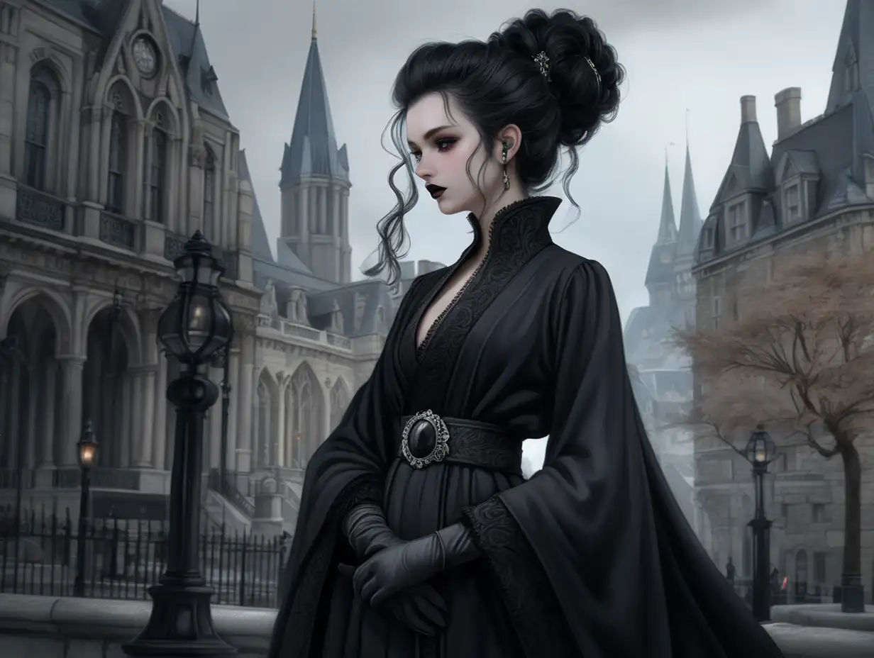 Dreaming city, beautiful, royal attire black curly hair, pale skin, grey eyes, dreaming city, black robes, black gloves, female, black make up, black mascara and lipstick, angered look on her face, robes, Standing in the city, perfect posture, victorian, looking away from camera, hair tied up in a messy bun, proper and unamused look on her face, full body shot, royal look, hands clasped behind her back, show full body, speaking to advisor