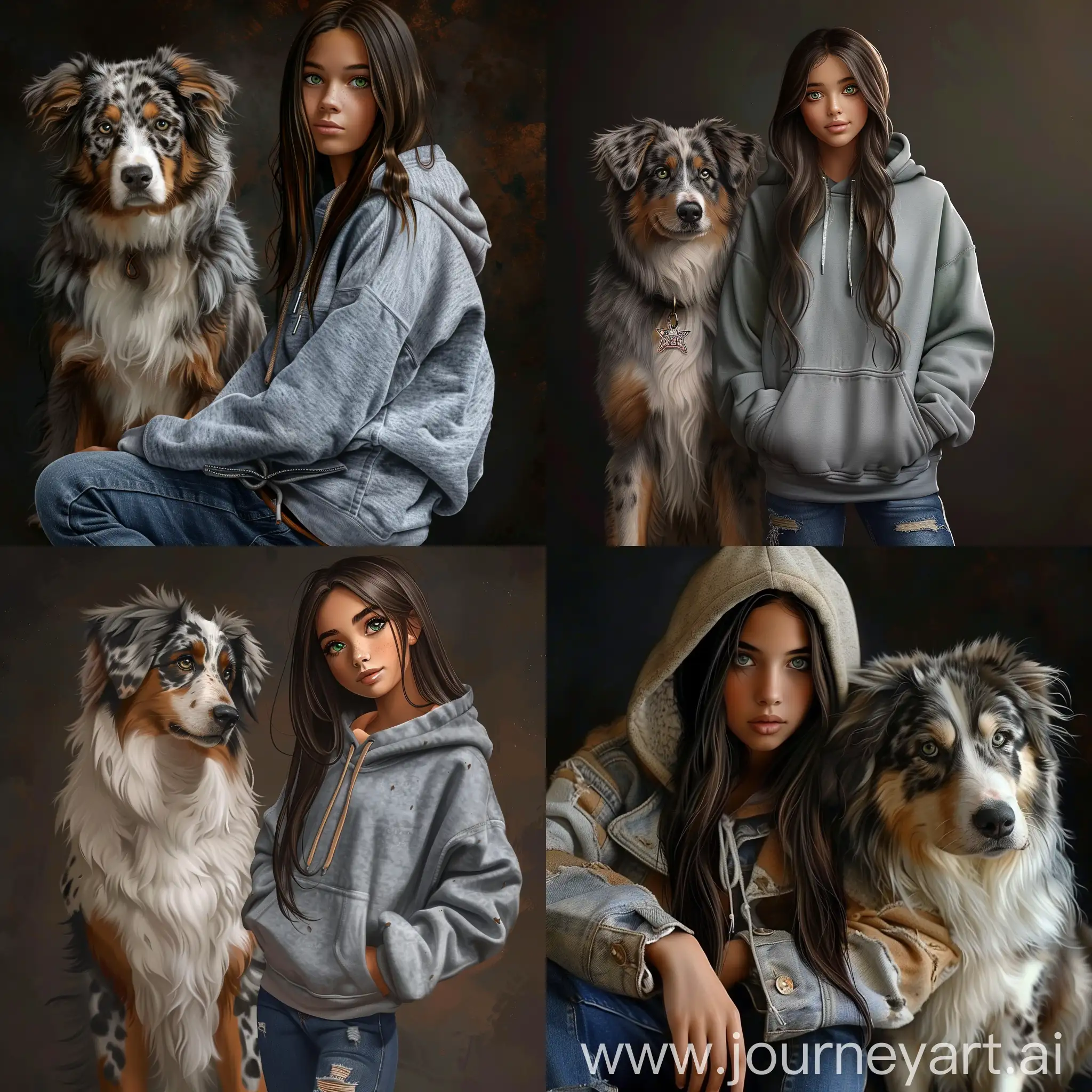 Beautiful girl, straight dark brown hair, gray-green eyes, white skin, teenager, 16 years old, dressed in jeans and an oversize hoodie, next to an Australian shepherd, high quality, high detail, dark background, realistic art