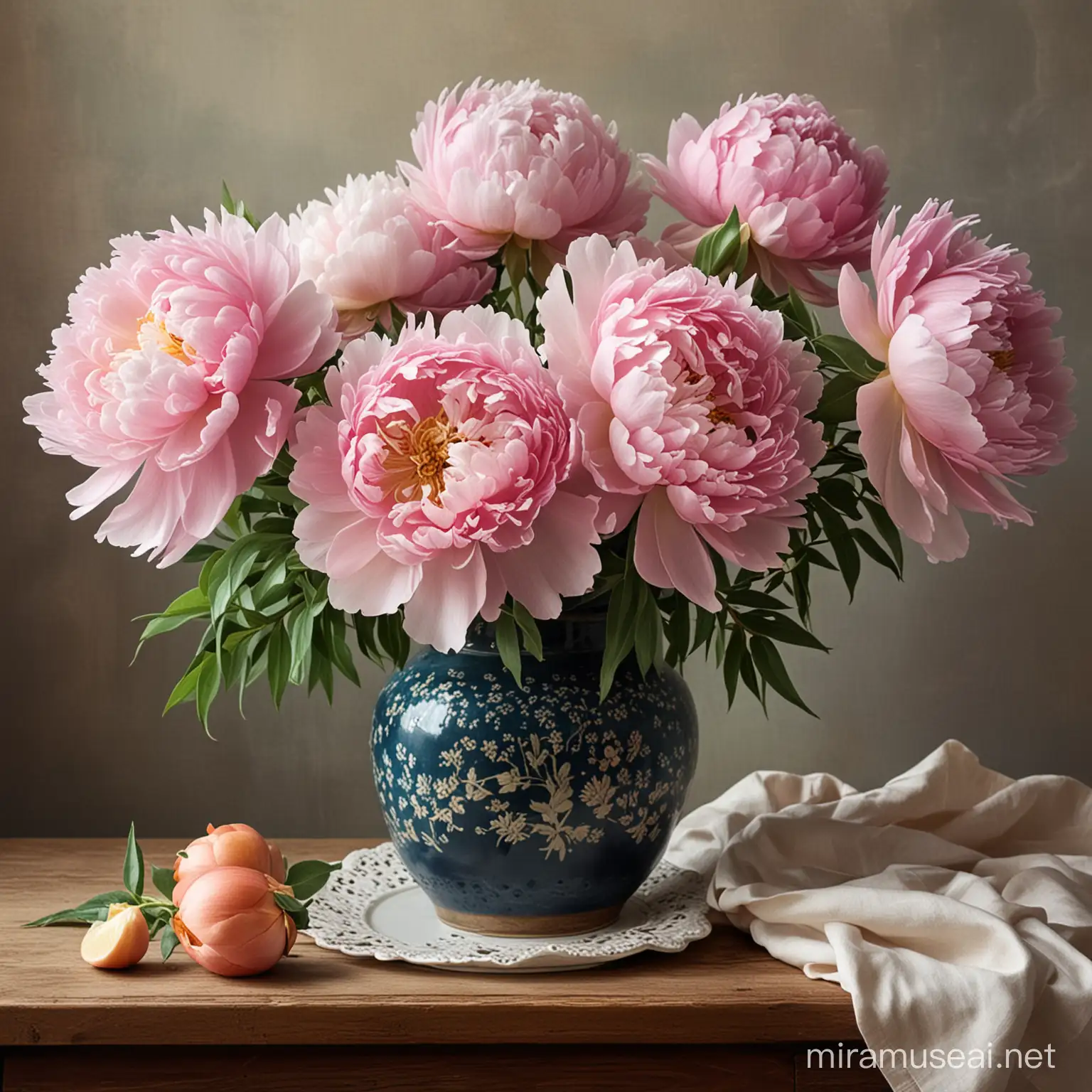 Vibrant Still Life Painting of Peonies in Bloom
