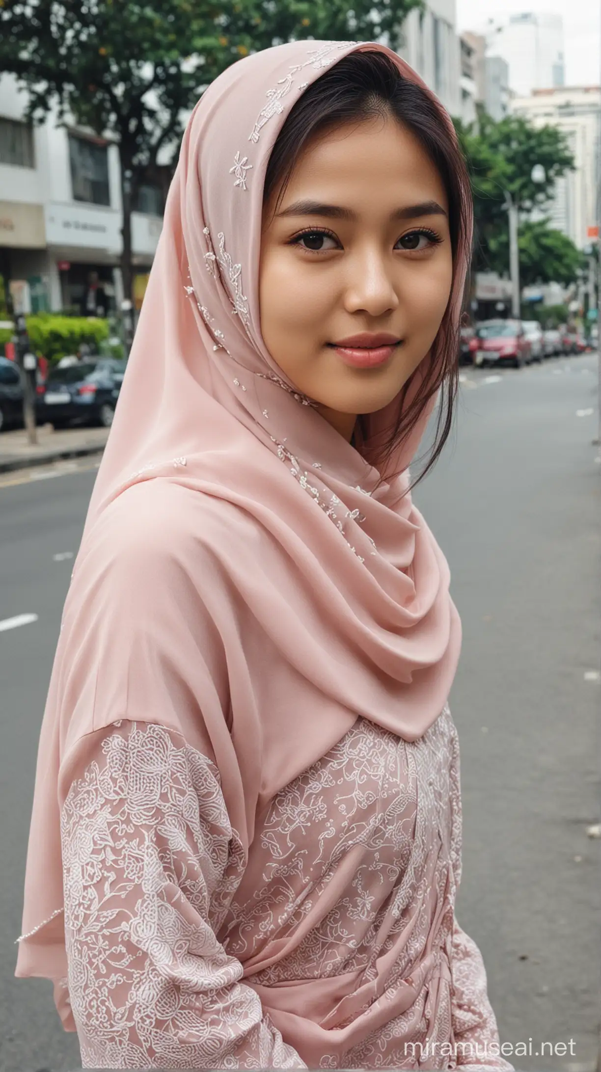 seorang gadis cantik Indonesia pakaian Muslim berwajah Korea #OOTD di jalan kota jakarta Indonesia