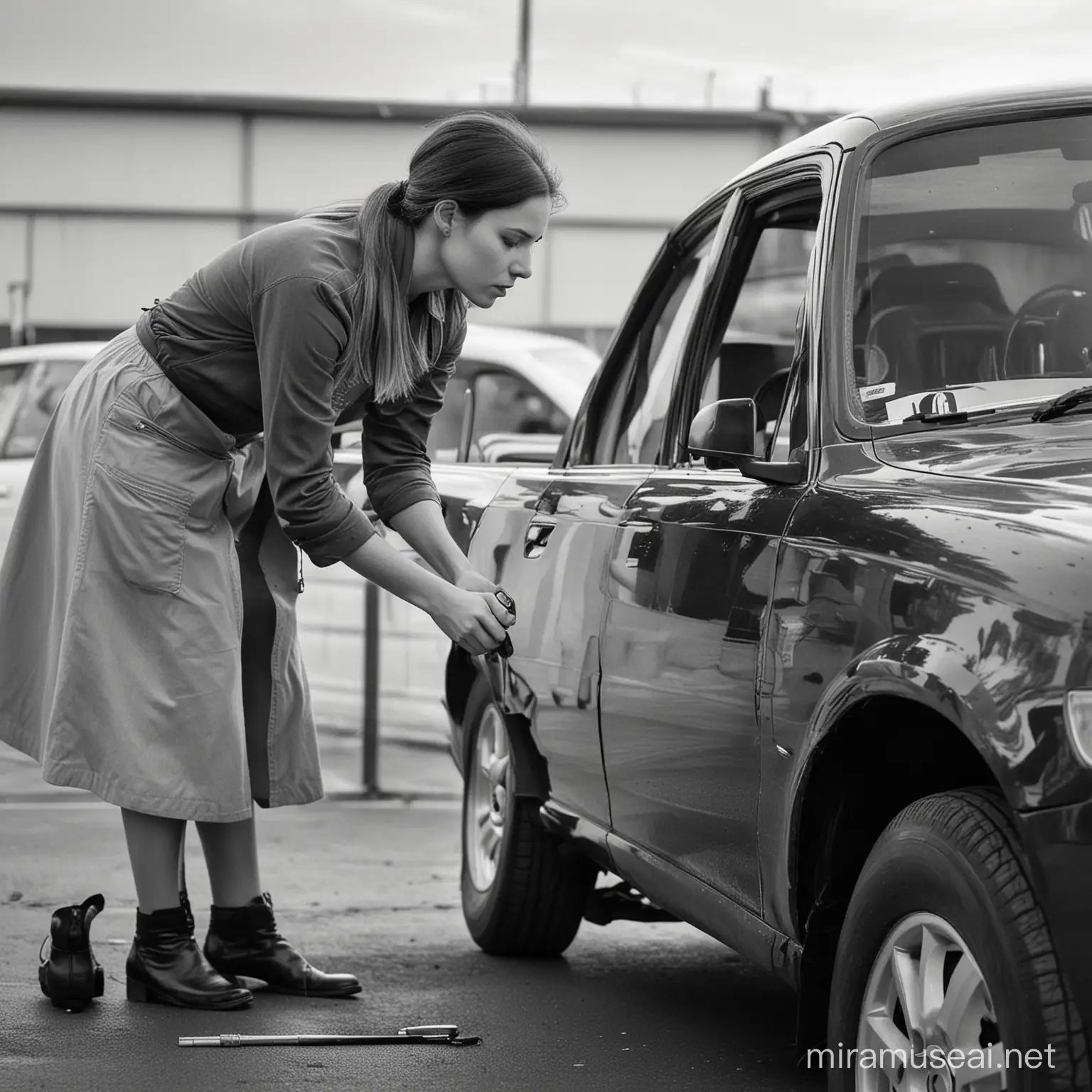 a female fixing a car, the car and the female should be visible. The picture should be easy to see if its printed black and white

