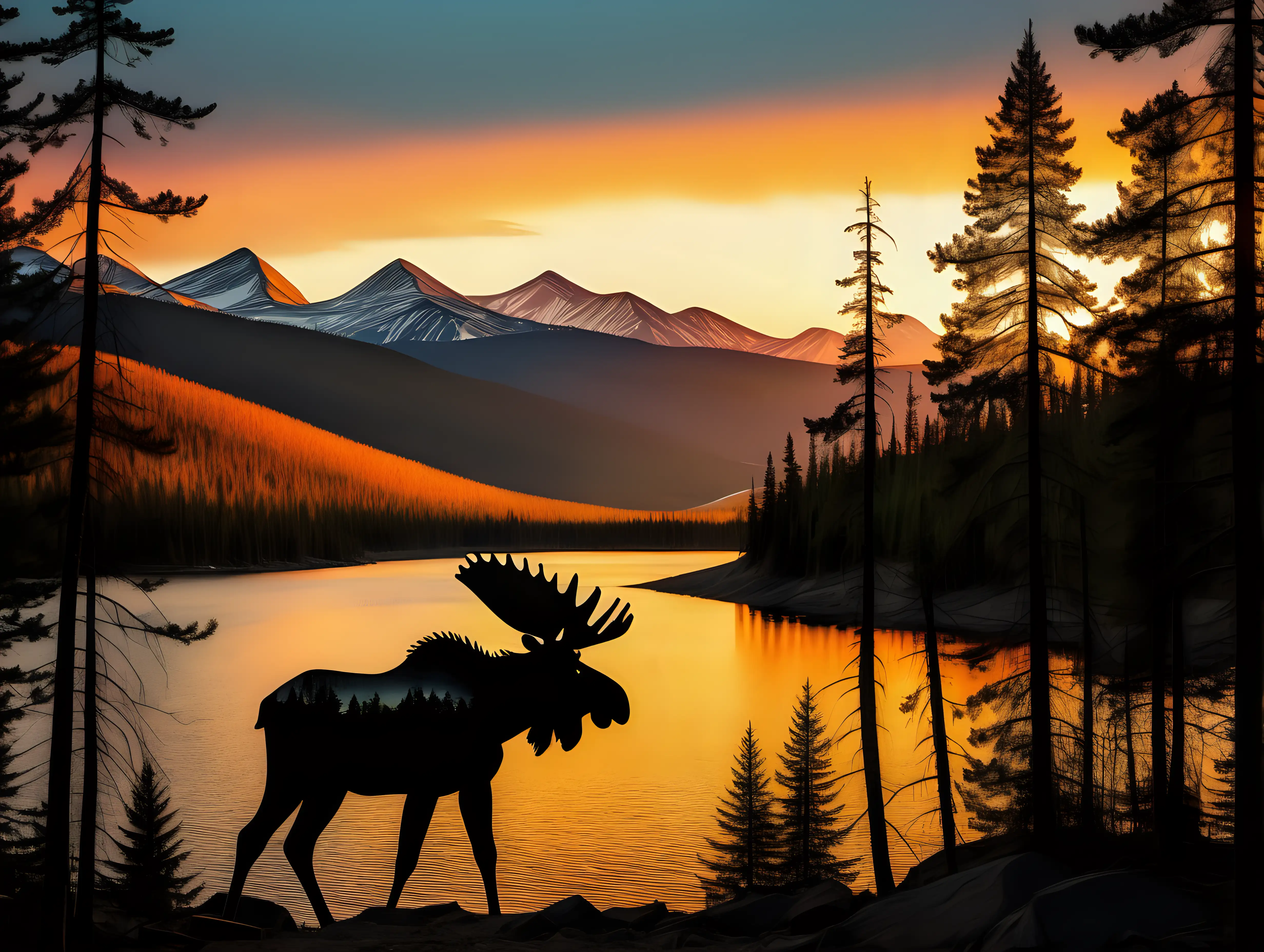 rimlit moose  silhouette in forest sunset with colorful mountain and lake in background, pine trees in foreground, 
