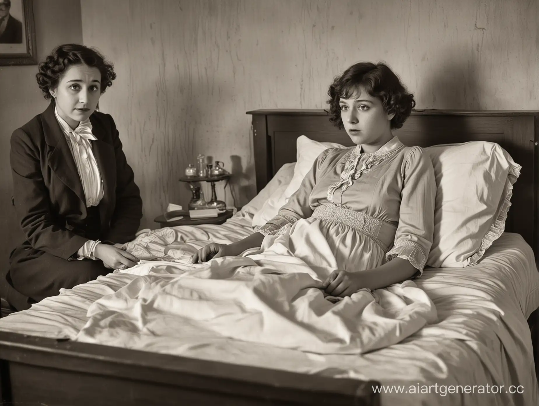 Радиевая девушка с разрушенной челюстью мучается, умирая в своей кровати. Рядом стоят грустные родственники. Реалистичное фото. Стиль 1917 года.