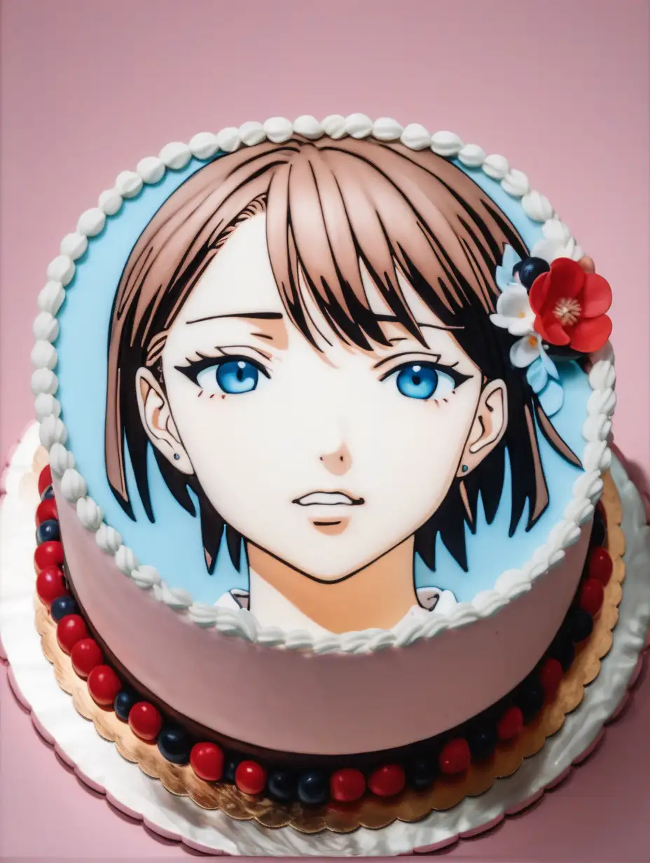 Cake with a woman's face on it, viewed from above, anime