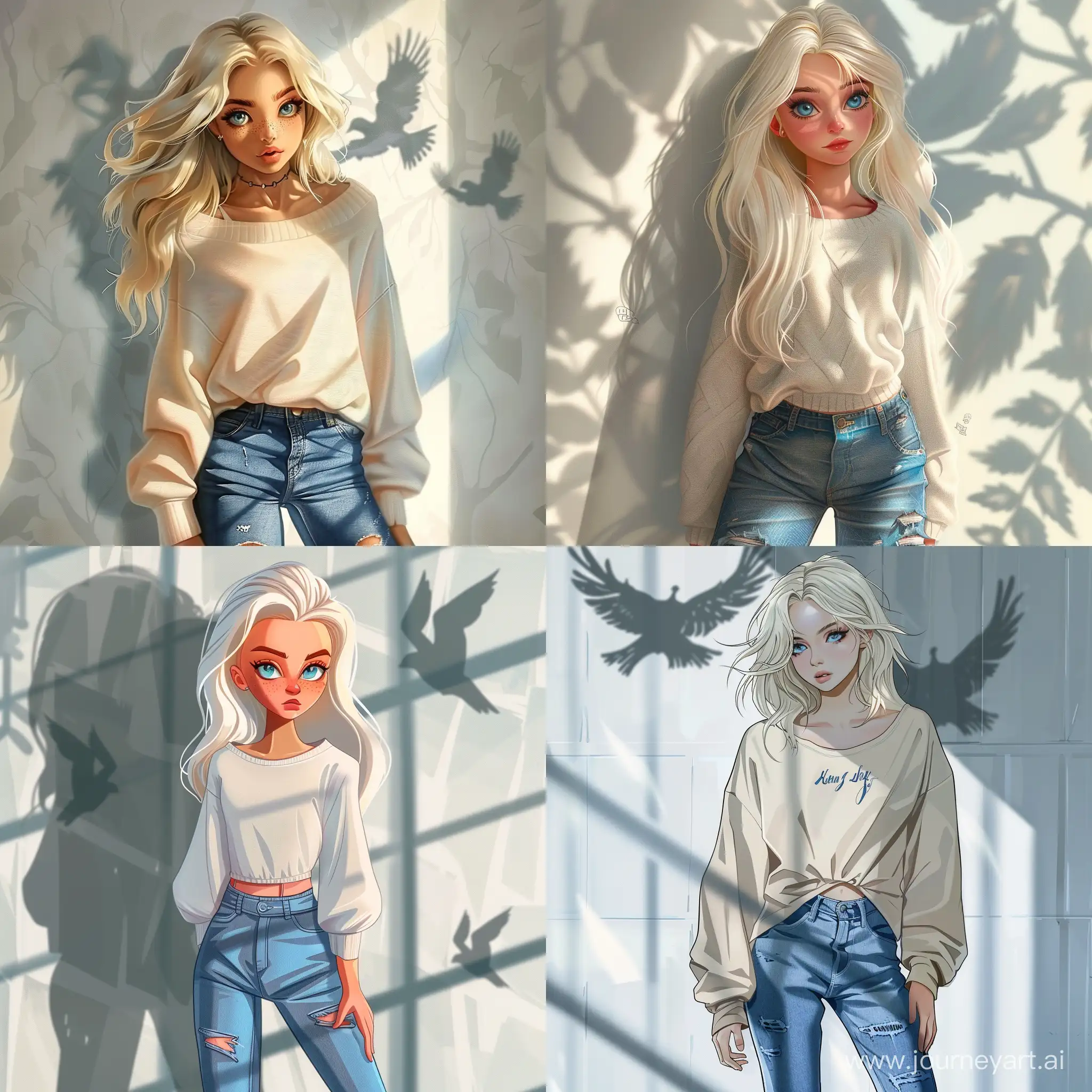 Beautiful girl, blonde hair, gray-blue eyes, white skin, teenager, 15 years old, jeans and oversize sweatshirt, shadow of wings on the brick wall behind, high quality, high detail, cartoon art