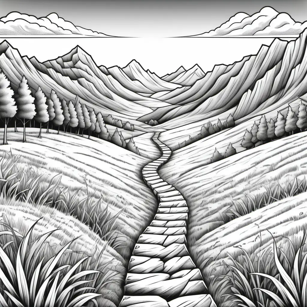 clean coloring book page of A narrow path in a lush green meadow leading towards mountains, black and white