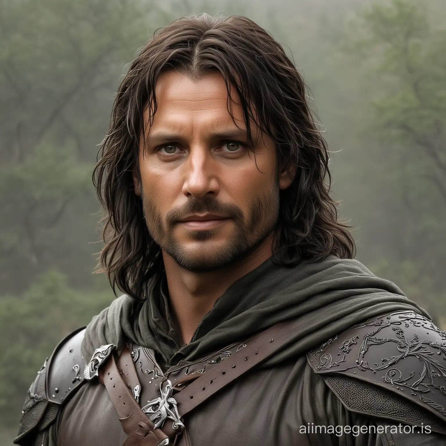 Aragorn, also known as Strider, is a character of rugged and noble appearance. He is tall and strong, with weathered features that hint at a life spent outdoors. His dark hair is often described as unkempt, falling loosely around his face and shoulders. Aragorn's piercing grey eyes hold a sense of wisdom and determination, reflecting his lineage as a descendant of the ancient line of kings.

He typically wears practical attire suitable for a ranger, consisting of a worn cloak, leather armor, and sturdy boots. His cloak is often dark in color, blending with the shadows as he moves through the wilderness. Despite his rugged appearance, Aragorn carries himself with a regal bearing, exuding authority and command.

In battle, Aragorn is a formidable warrior, wielding his sword with skill and bravery. He is also known for his compassion and loyalty to his friends and allies, traits that make him a natural leader among the Fellowship of the Ring. Throughout his journey, Aragorn's character undergoes growth and development, as he embraces his destiny as the rightful heir to the throne of Gondor and embraces his role as a leader in the fight against the forces of darkness