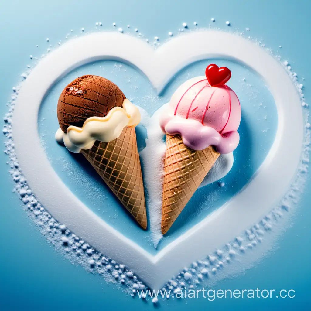 Иконка двух мороженого в форме сердца двух влюбленных, на чистом синем снежном фоне