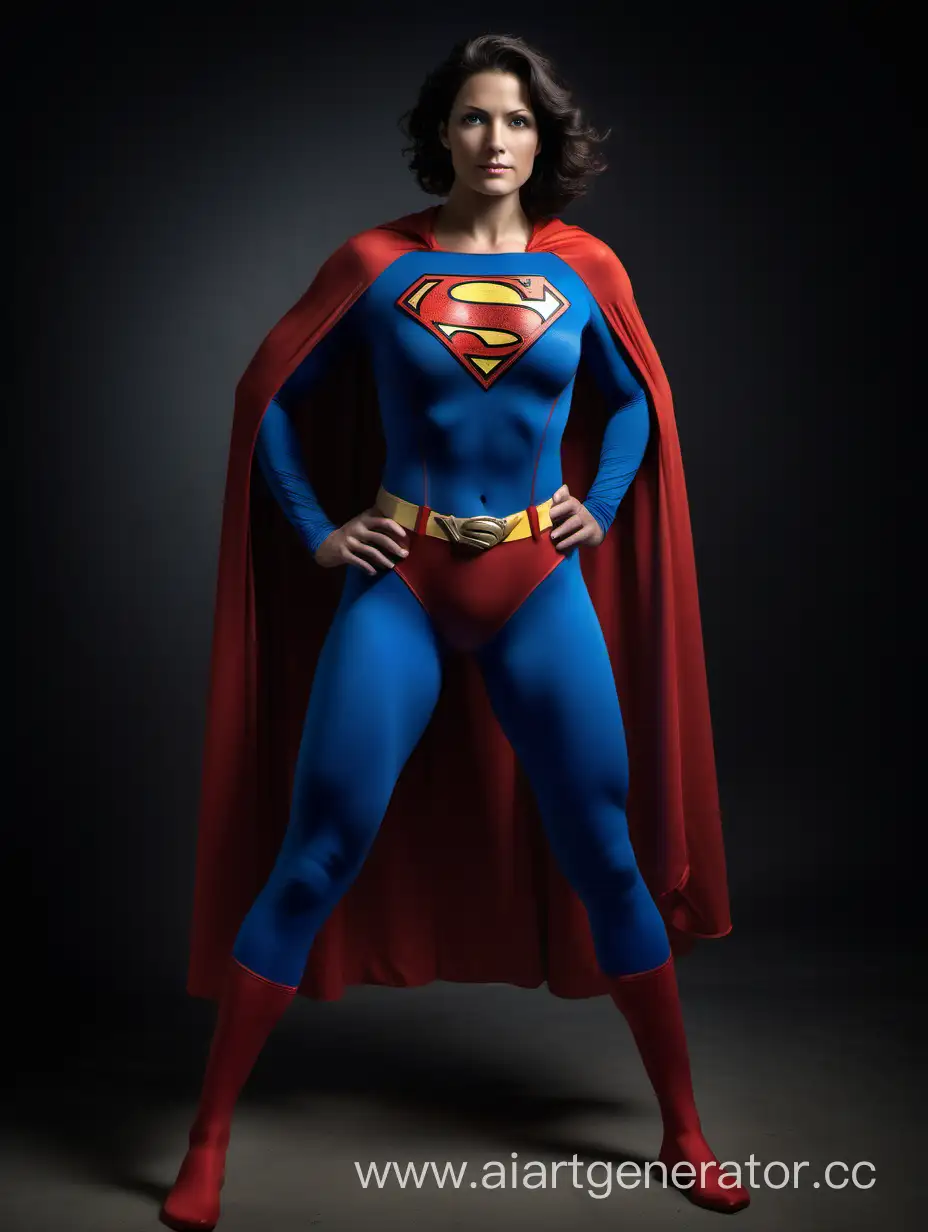 Subject: The central focus is a happy, confident American woman of 26 years, exuding strength and power. Her impressive physique features extremely developed muscles across her arms, legs, chest, and abdomen, accentuated by her large breasts. She embodies a superhero persona, radiating heroism and might. The portrayal captures her in a full-body Superman costume, showcasing a matte spandex texture. The blue leggings and sleeves contrast with the iconic red briefs and a long, flowing cape, evoking the classic Superman look. The costume is reminiscent of the one worn in 'Superman: The Movie.' This composition is reminiscent of 'Superman: The Movie,’ employing a professional photo studio to create a vibrant and striking portrait that embodies the strength and heroism associated with the Superman character.