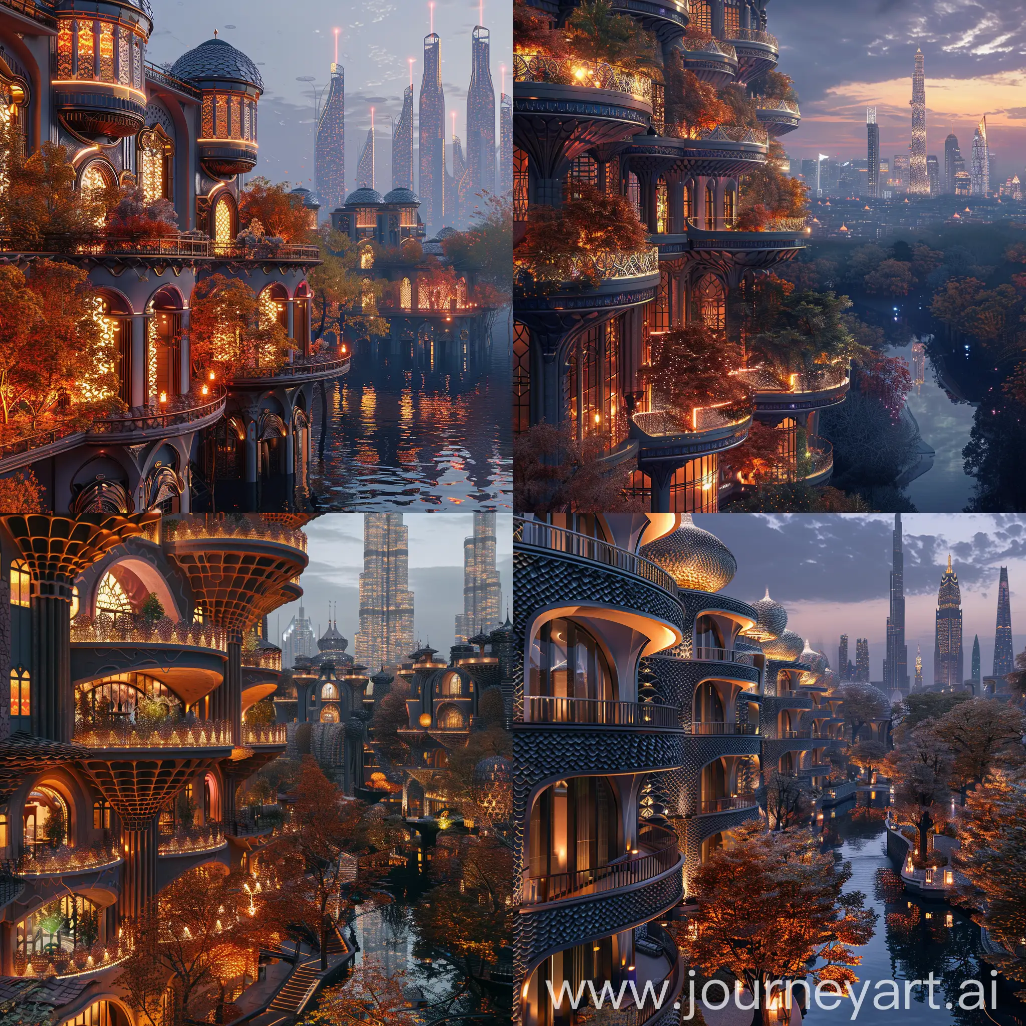 Beautiful futuristic metropolis in an alternate timeline where all buildings retain traditional elements, ornate architecture with scale-like patterns on facades and illuminated trees, terraced supertall skyline in distance, canals, autumn, photograph