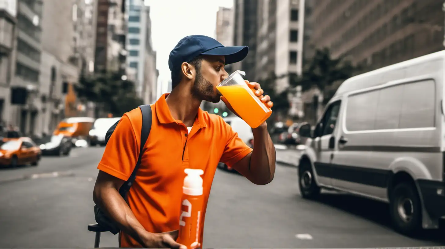 delivery man drinking an orange liquid in the city