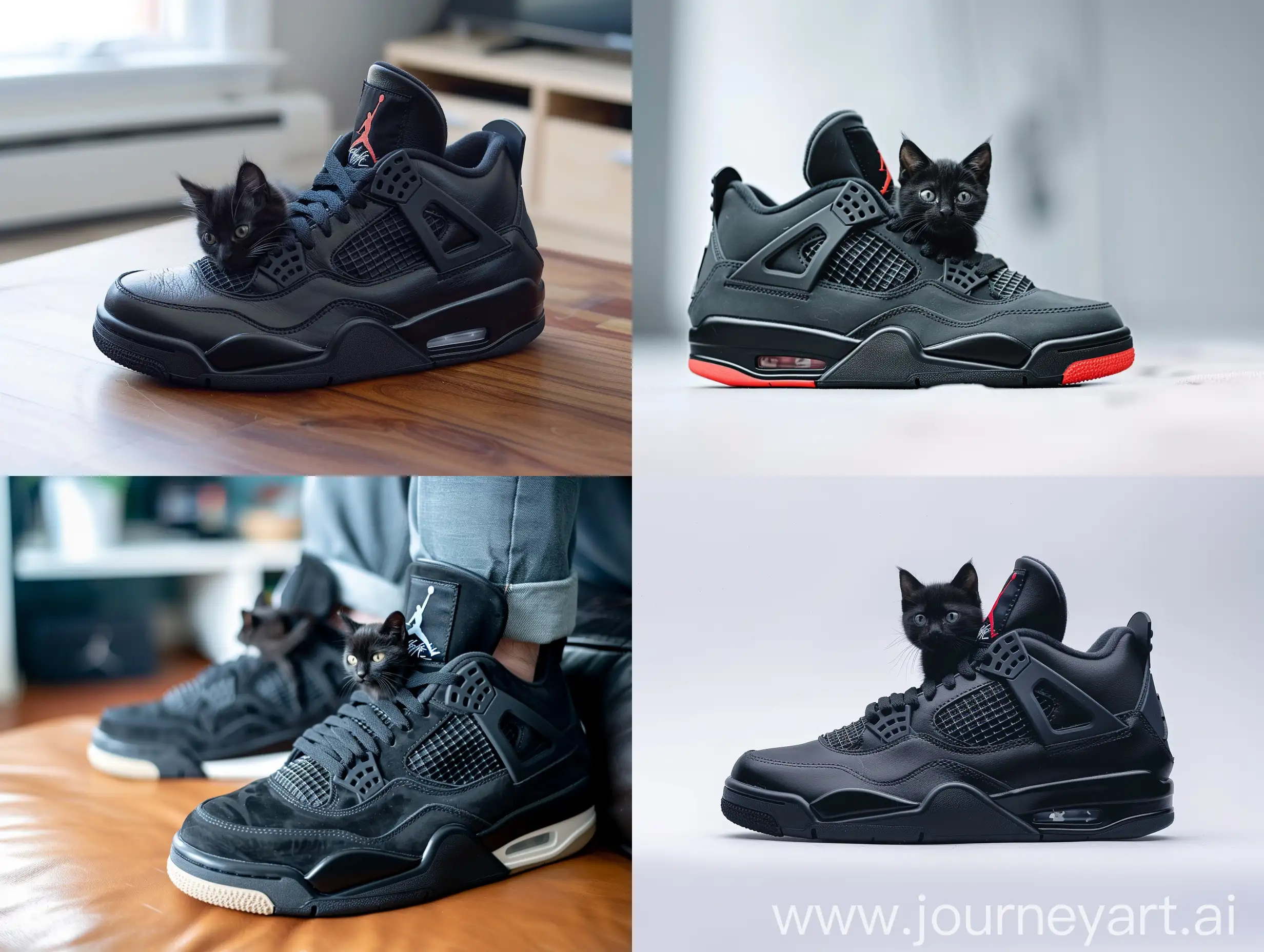 a black little cat sits inside the Nike Jordan 4 black cat shoes