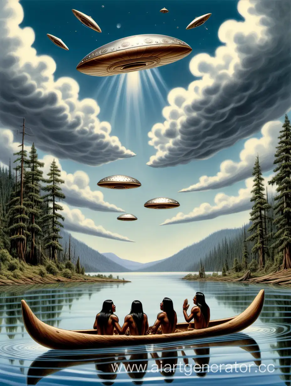 three klamath indians in wooden dugout  canoe, on lake watching silver metallic flying saucers, battling high up  in the sky,   in front of them