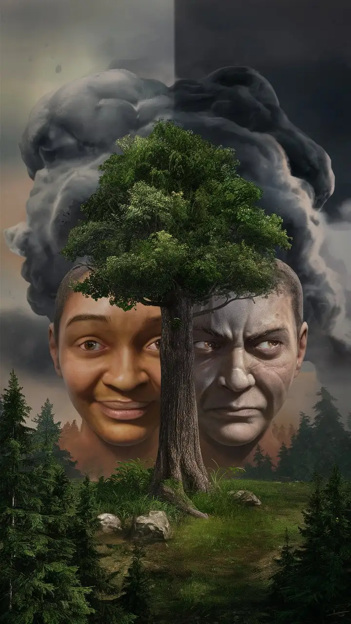 Imagine a surreal scene where two people, each with a unique perspective, stand looking at a simple object, like a tree. One person sees the tree as a symbol of strength and growth, surrounded by beauty and life. In contrast, the other person, clouded by negativity, perceives the tree as a hindrance, blocking their view and casting shadows of doubt. Highly realistic. Create Spirited, mildly dark and mildly colourful, atmospheric images inspired by noir video games. Use with Vision XL for best results.