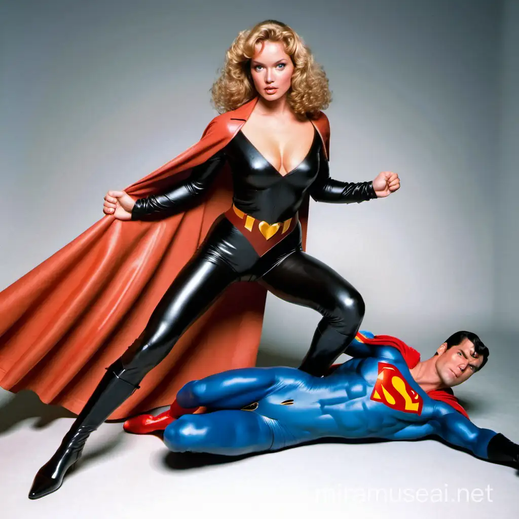 Sexy Sybil danning in leather outfit vs Superman in action fight 