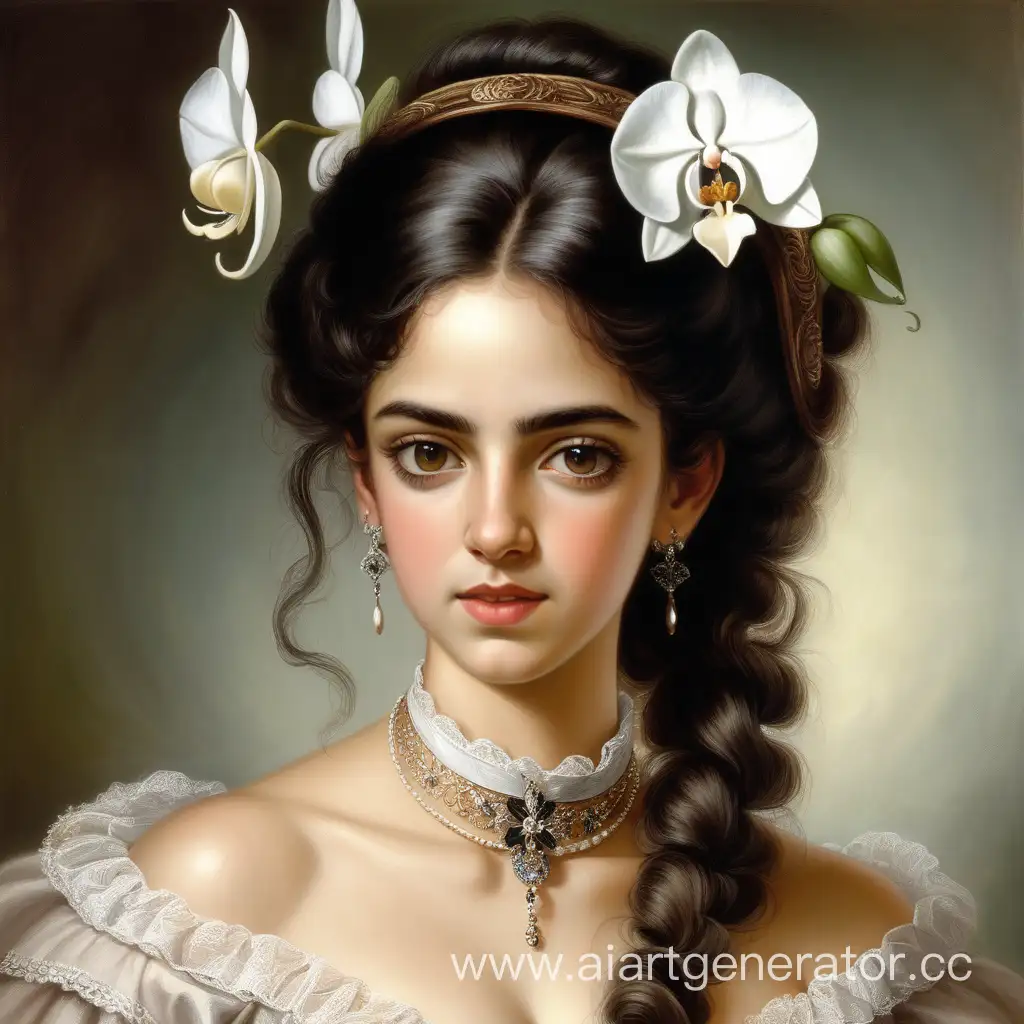 Испанка, 25 лет, очень красивая, яркая. Порывистая и страстная. Одета по моде 19 века, в волосах цветок белой орхидеи.