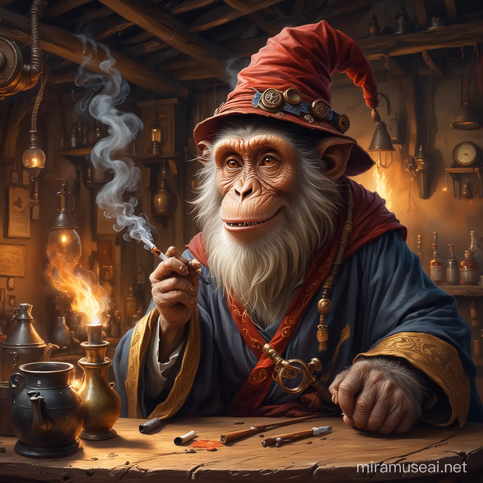 bearded monkey wizard with wizard hat and robes smoking from pipe with smurky smile, inside of a busy tavern, oil painting style