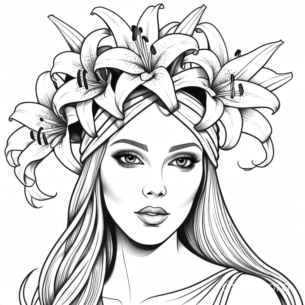 printable coloring page woman with no color sharp features wearing lily flower head gear