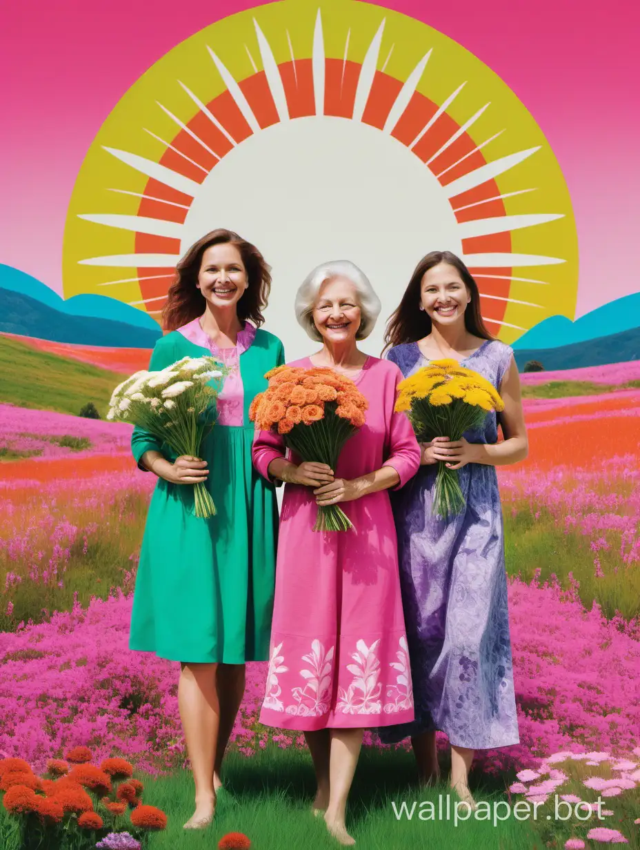Collage, colorful background depicts plant motifs. In the foreground, three smiling women, three generations, in dresses, holding flowers in their hands. Next to and below, space for a description of about 1/2 of the poster with a monochromatic background. Poster maintained in bright, cheerful colors with accents of pink and green, in the background a meadow with flowers and sun.