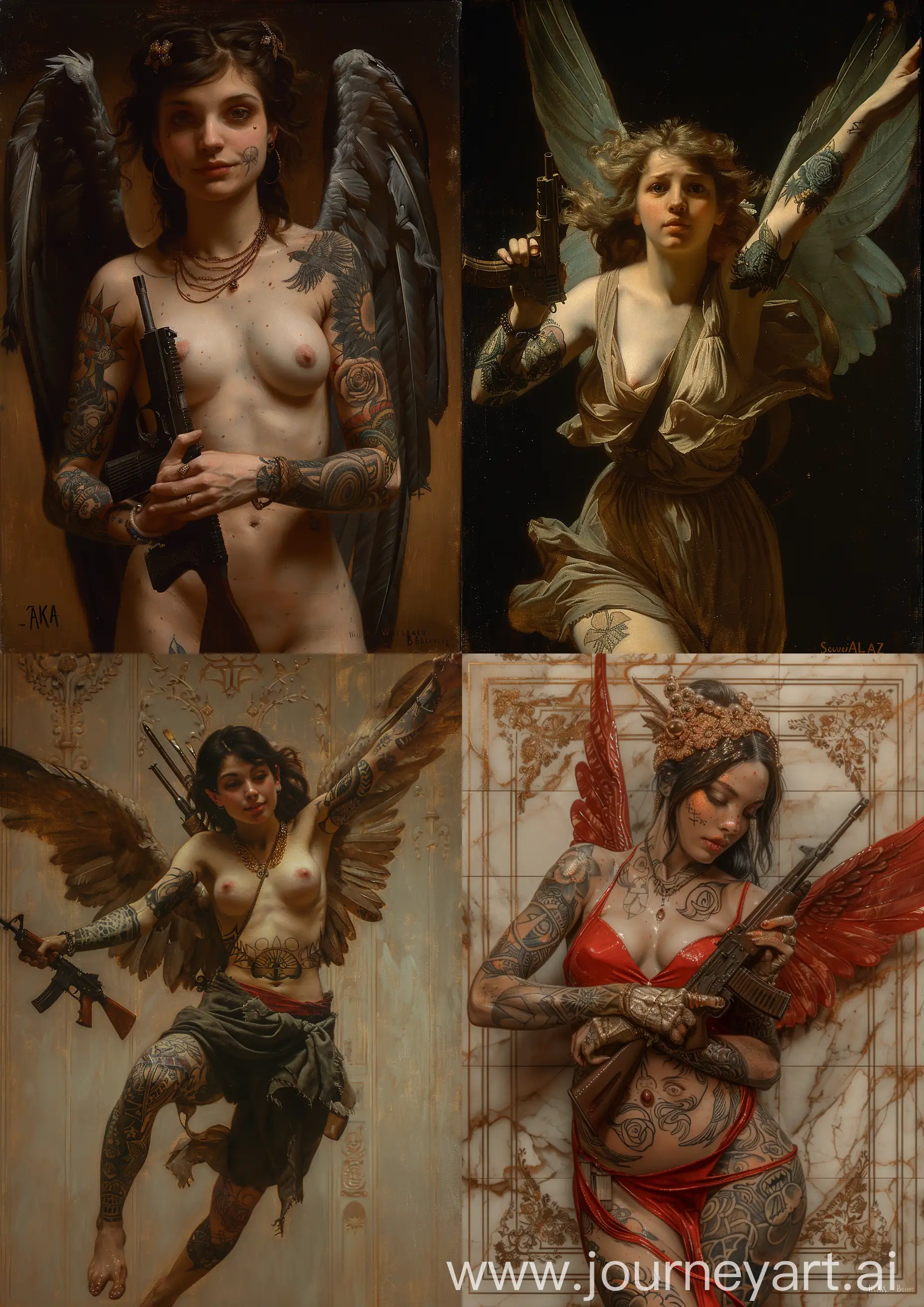 William-Adolphe Bouguereau painting of a shiny flying tattooed female angel warrior, holding an AKA 47, obscure tones, high detailed, full body —c 22 —s 750 —v 6.0 —ar 5:7