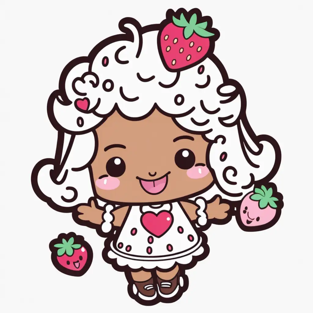 Sticker, Laughing KAWAII chocolate strawberry shortcake with Whipped Cream Hair, food illustration, valentine theme, mixed 
styles, contour, vector, white background