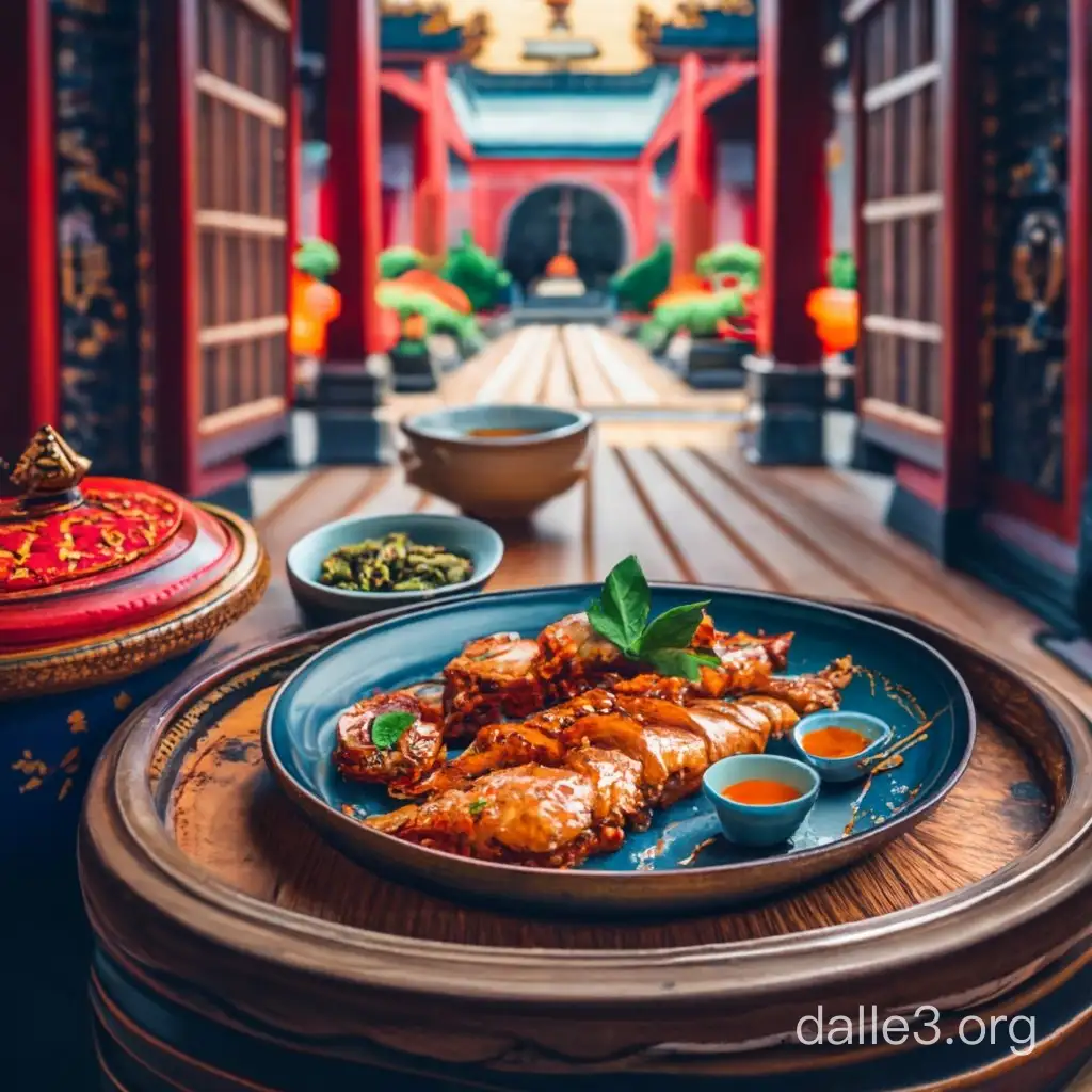 generiere ein bild von einem chinesichen teller mit essen in china bei einem tempel