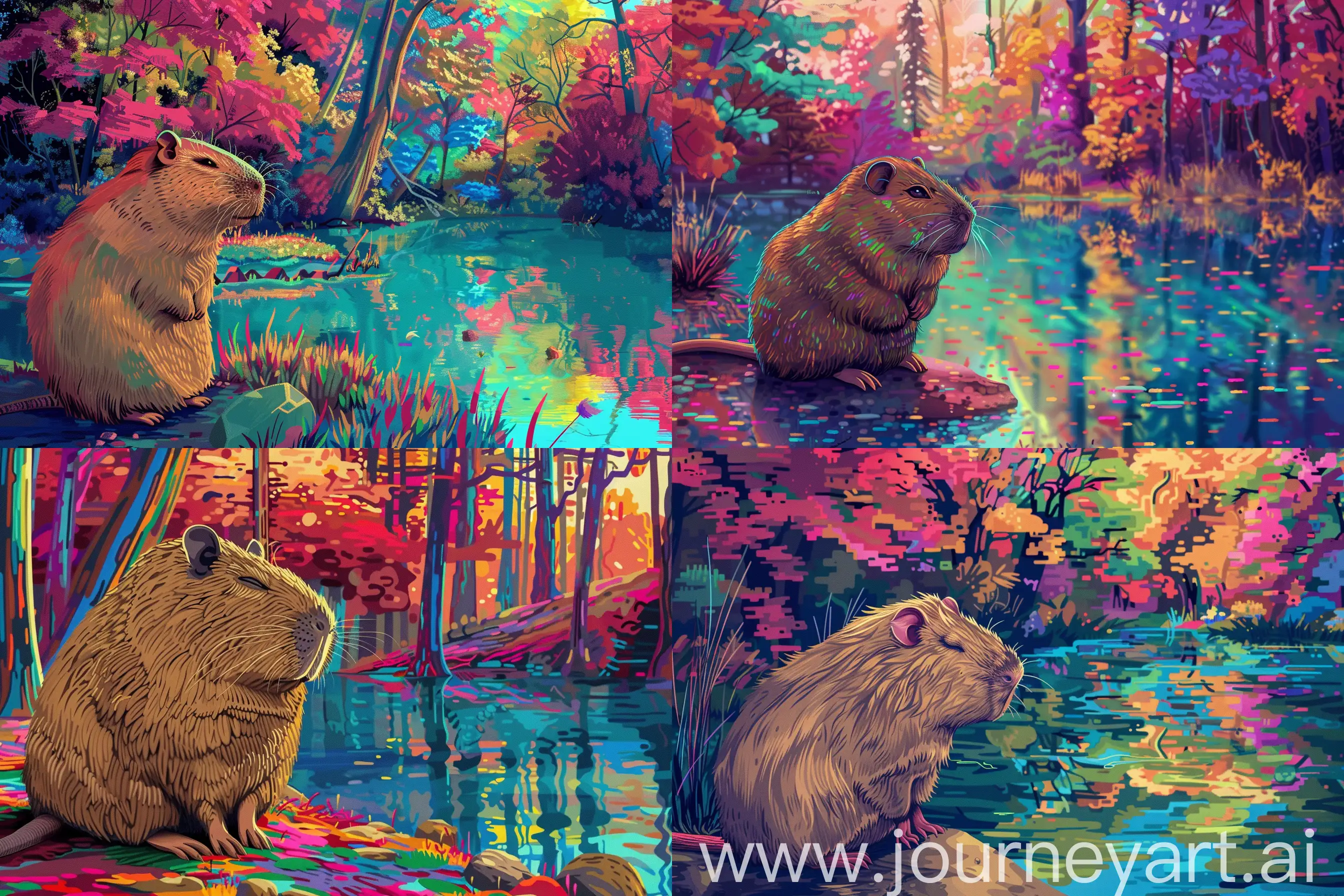a painting of a hamster sitting next to a body of water, a digital painting, inspired by Cyril Rolando, digital art, capybara, sitting in a colorful forest, highly detailed vector art, rubenesque --ar 3:2