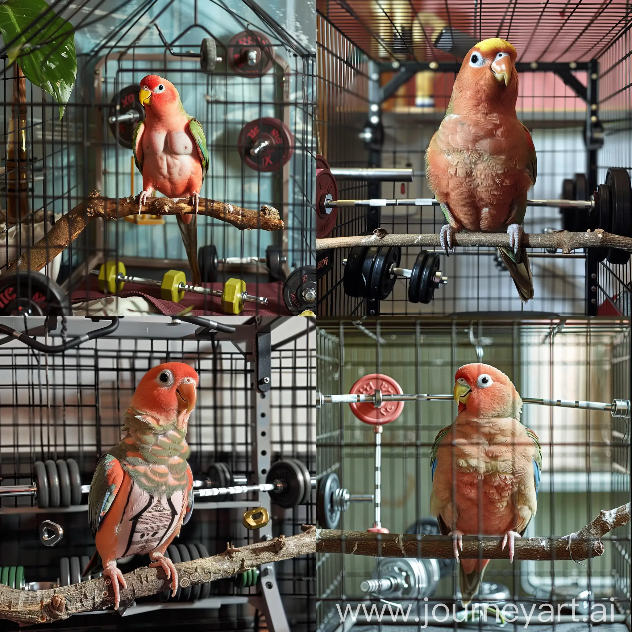 photo of a rosy faced lovebird with a six pack of abs, defined muscles, super buff, ripped, sitting on a branch in a bird cage with mini weight lifting equipment nearby