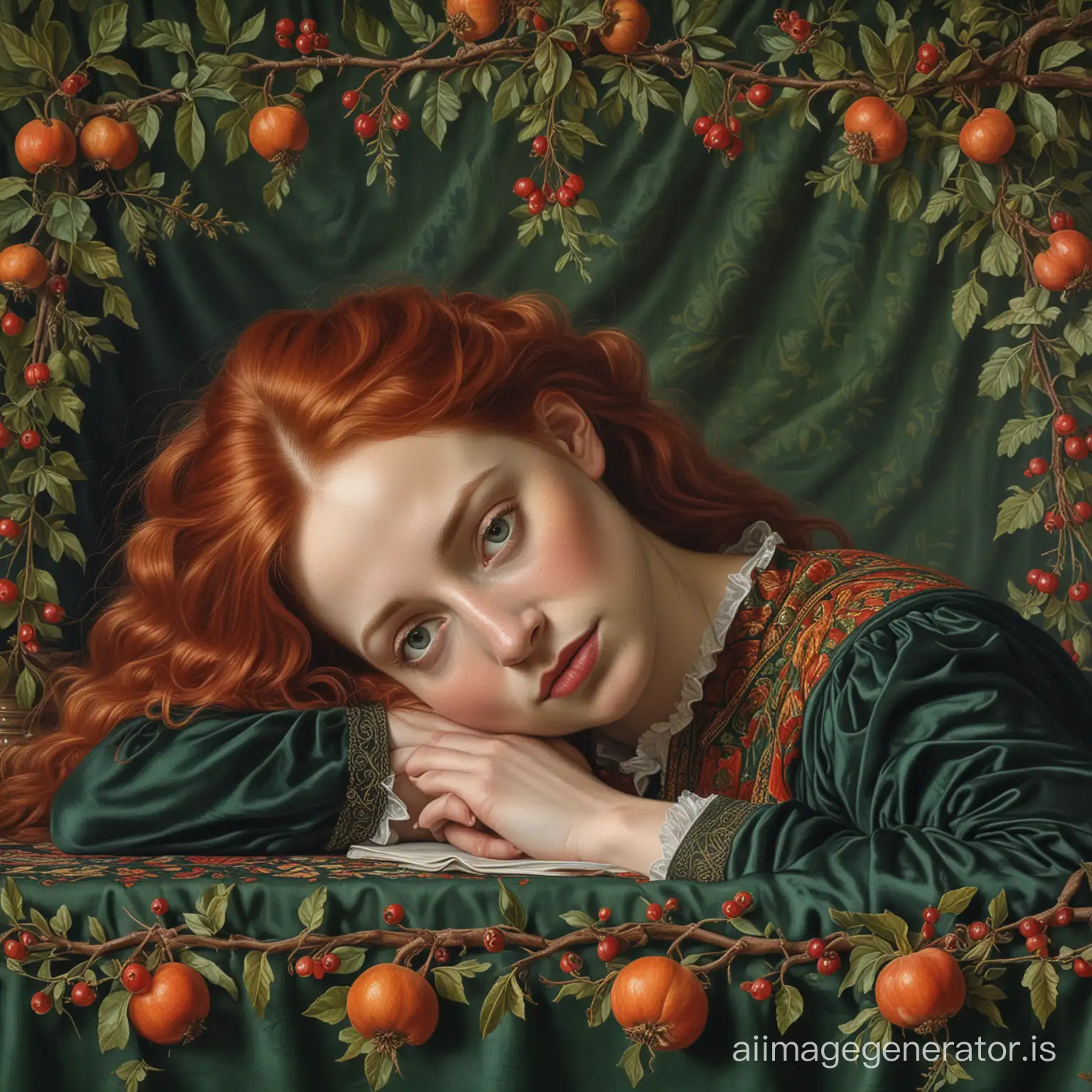 PreRaphaelite-Painting-RedHaired-Woman-in-Green-Velvet-Dress-with-Floral-Still-Life