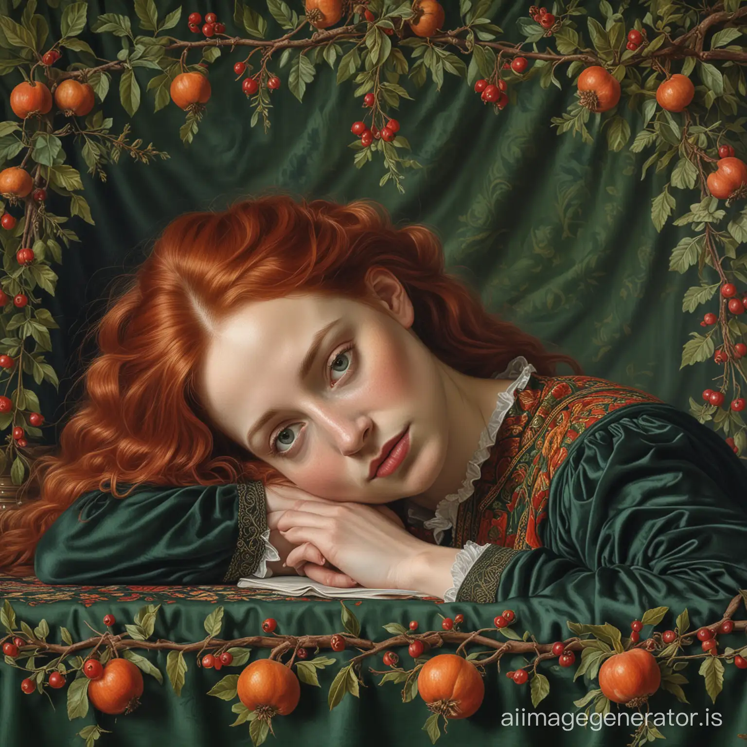 A masterpiece of Pre-Raphaelite painting, a large red-haired woman of about 40 with large facial features, thick lips, hair tied at the back of her head, in a dark green velvet dress sits at a small table, hands are depicted perfectly, a magnificent tapestry tablecloth is laid on the table in front of her, lies without vases blooming rosehip branch, orange, pomegranate, complex dramatic lighting, masterpiece of composition, oil on canvas, brush strokes, Pre-Raphaelite painting