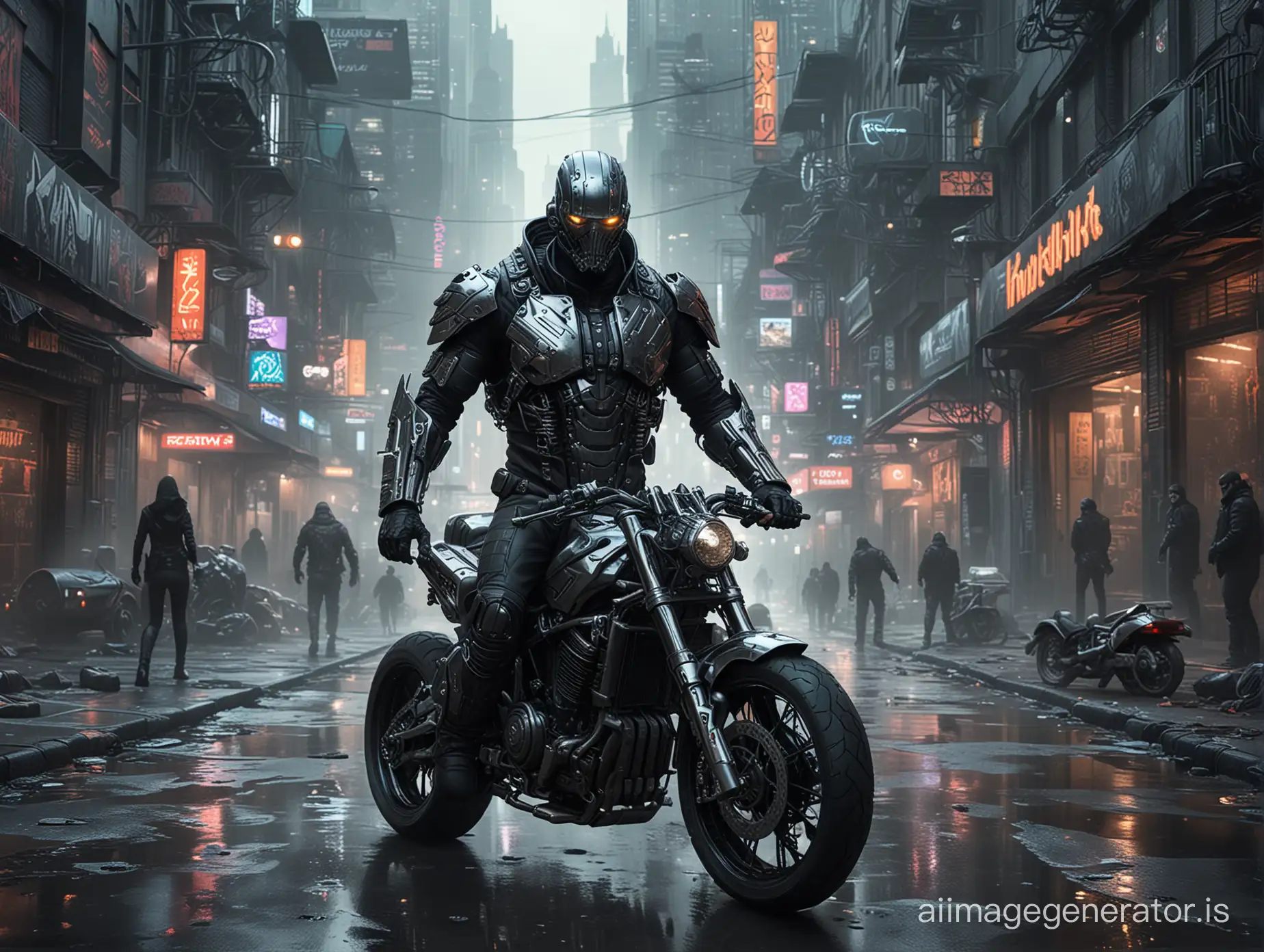 Cyberpunk-inspired scene featuring a biker with a design reminiscent of Frankenstein's or the Terminator, cloaked in chrome metallic armor with cybernetic enhancements, tattooed skin, amidst a Sin City-like atmosphere exuding an air of gothic chaos, epic composition capturing the intricacies of a chaotic world, digital painting, ultra-high detail, photorealistic, masterpiece quality, f/6