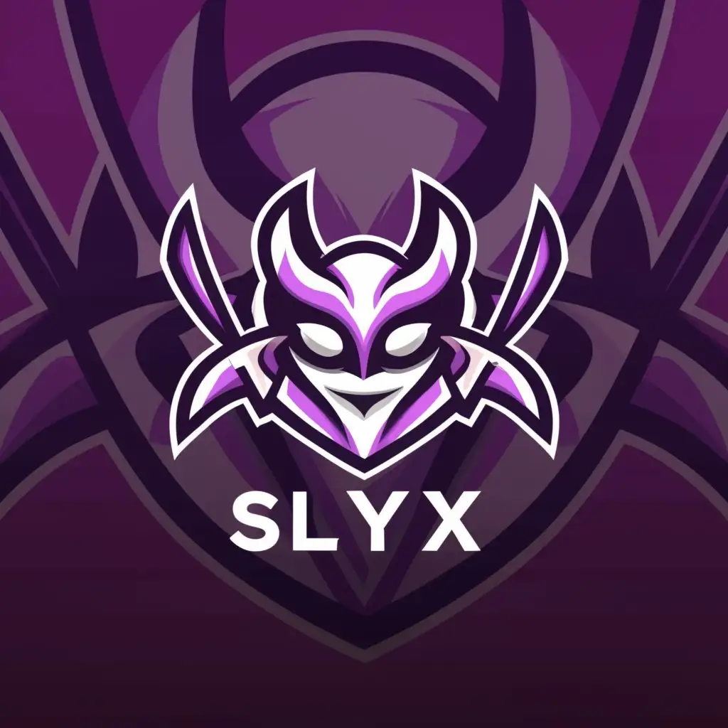 a logo design,with the text "Slyx", main symbol:purple mask text"SLYX" is under the mask with 2 purple swords boarded in background,complex,clear background