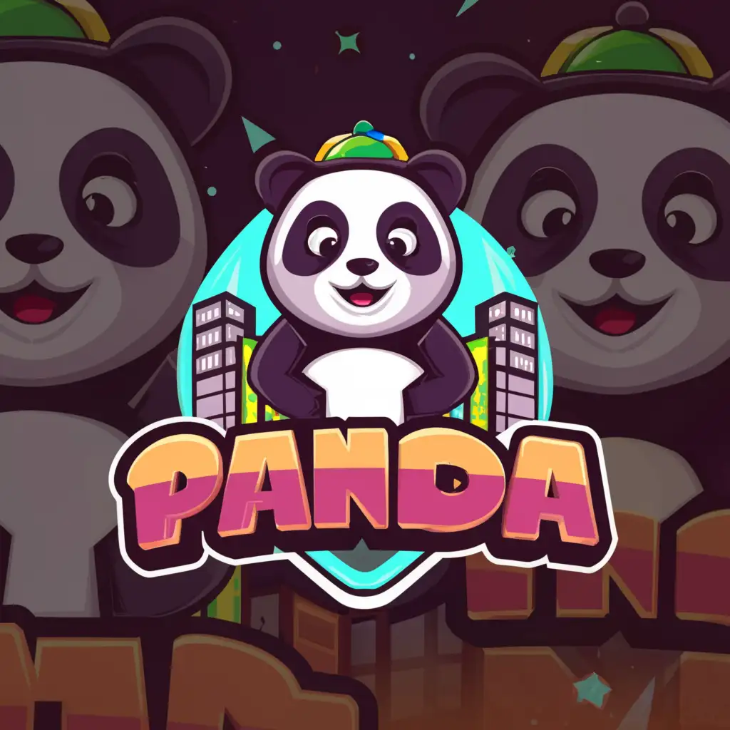 a logo design,with the text "PANDA", main symbol:panda in front of city, happy, black and white,complex,clear background