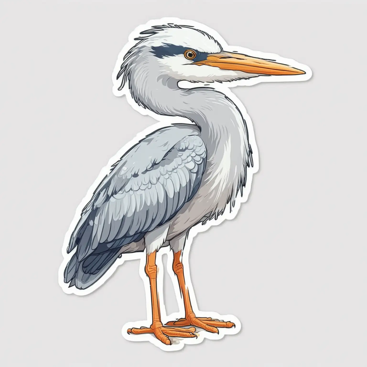 Sticker of a cute heron full body, caricature style, bold lines, Die-cut sticker, vector, white background, isolated on a white background