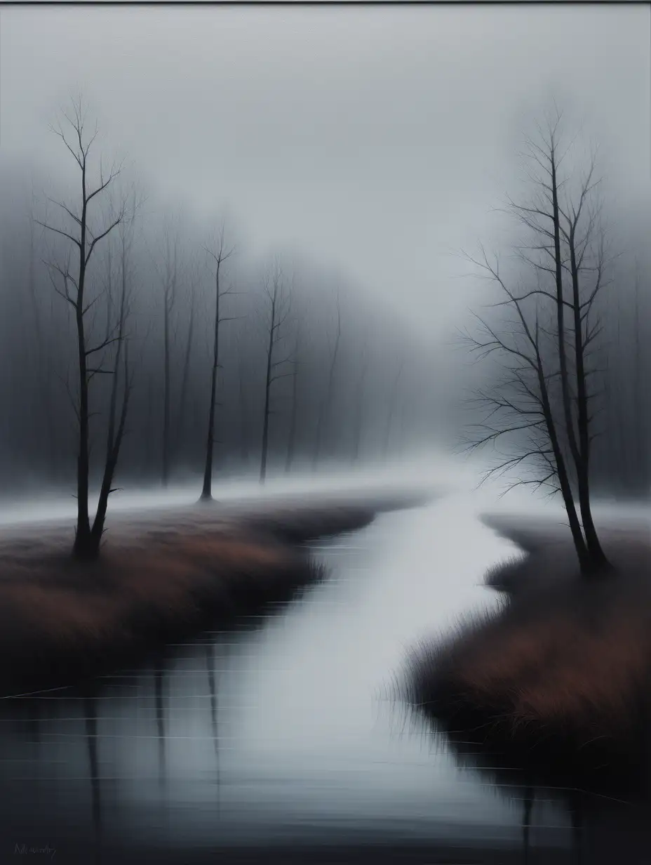 Minimalist moody oil painting of a river in mist