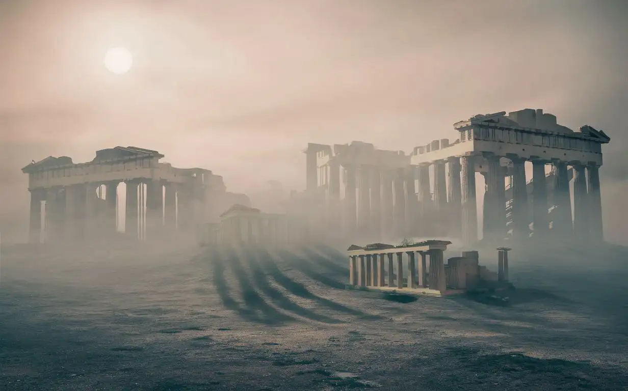 foggy background of classical greek architecture