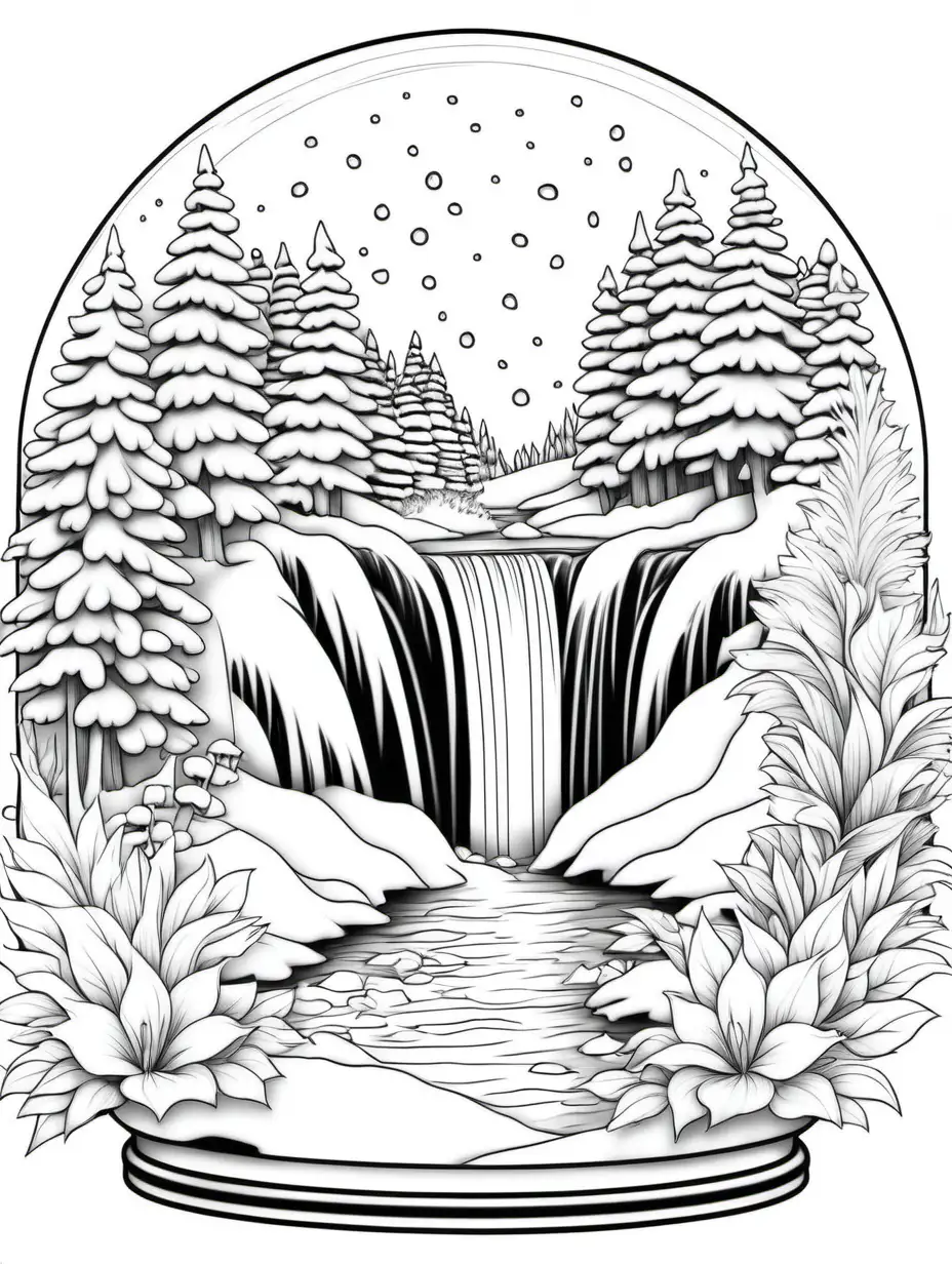 waterfall coloring book, snow globe framed, floral background, black and white, no shading, no background, thick black outline