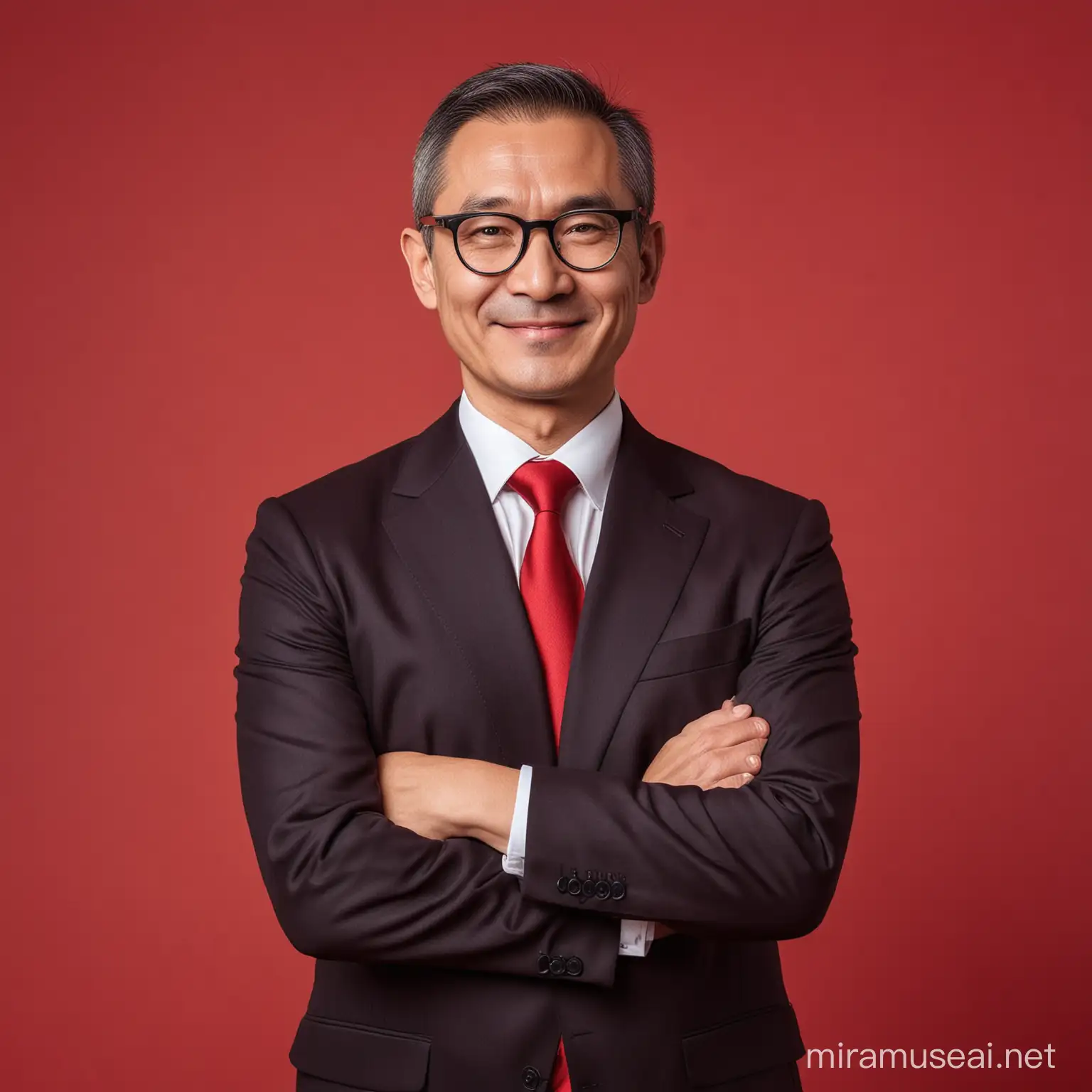 Presidente hombre medio ruso medio chino con gafas redondas de 50 años sonriecon brazos cruzados y fondo rojo y traje con brazos cruzados 