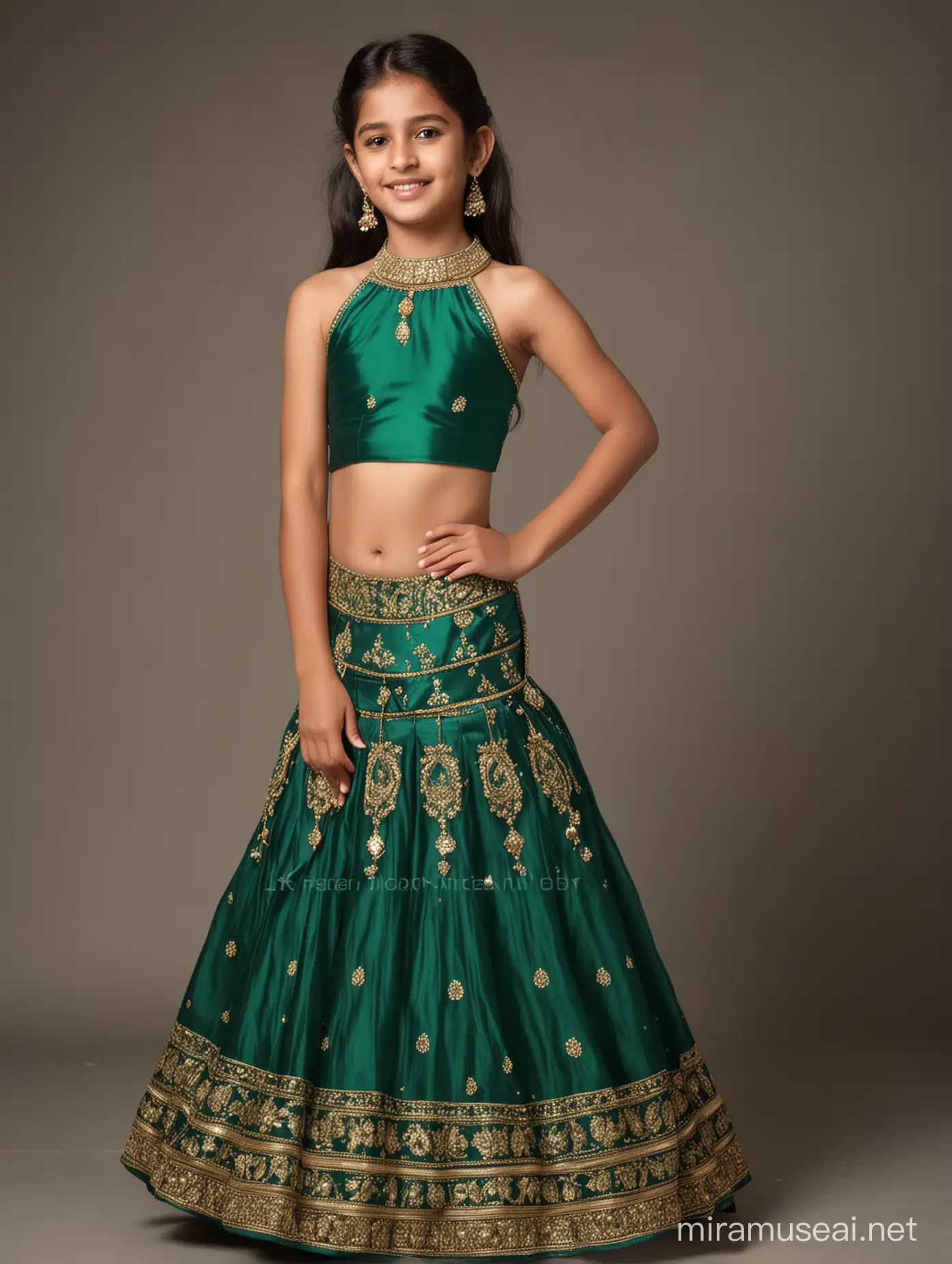 12 years old girl, fair in colour, beautiful, wearing emerald green halter neck choli with lehenga, front and back view, on diwali