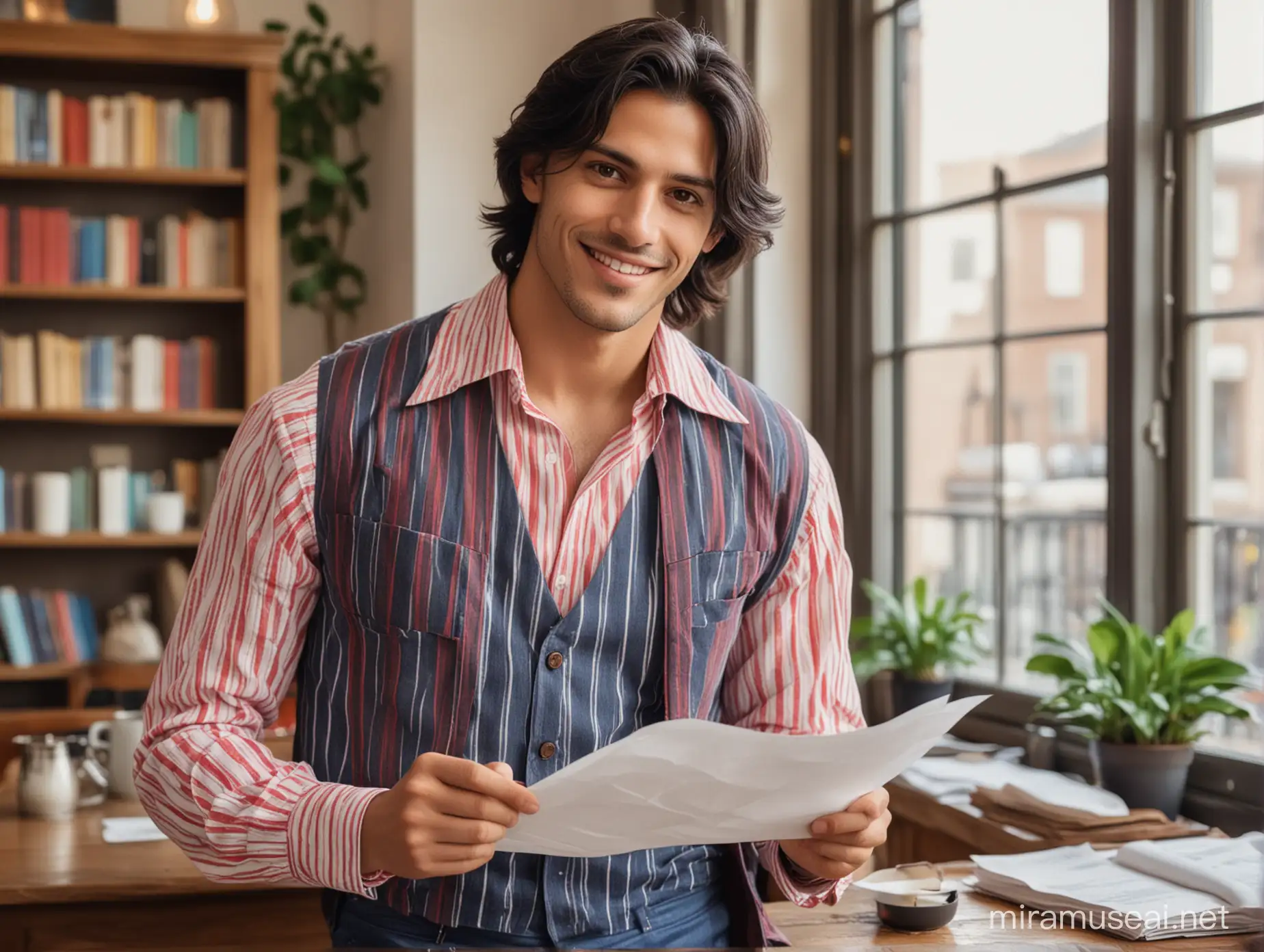 Confident Young Man in Caf Holding Paper with Coffee