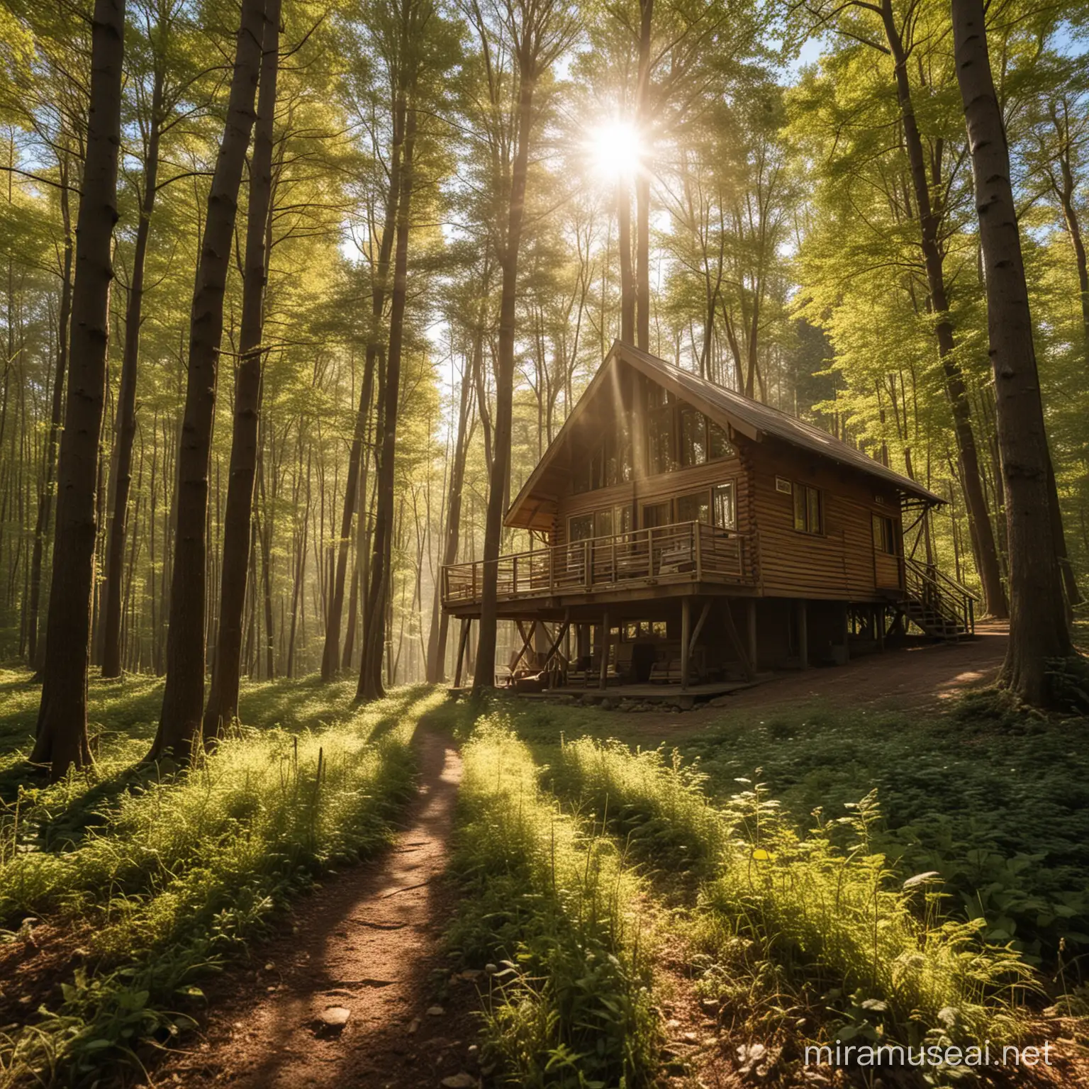 una cabaña de madera, rodeada de arboles, siendo cubierta por el sol
