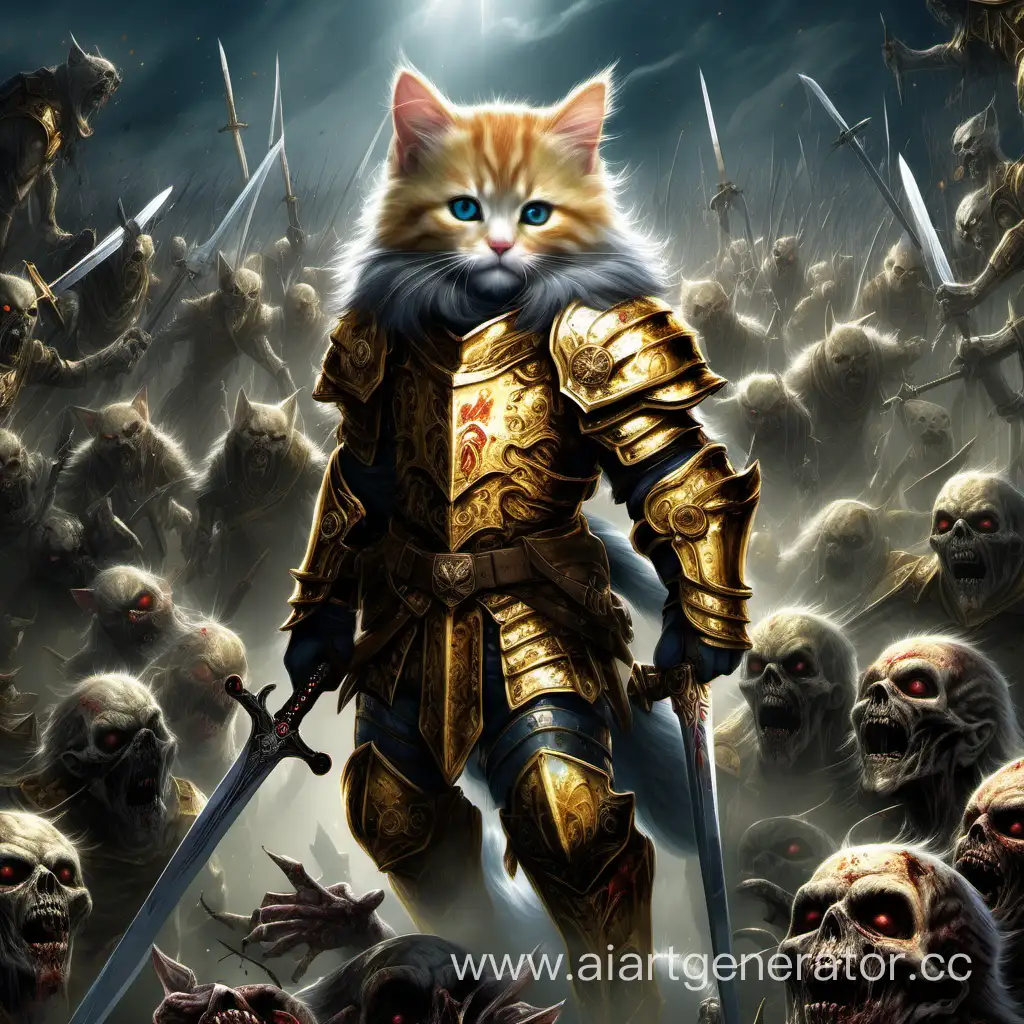 Fluffy kitten Legionnaire with a large fur collar on his shoulders, in golden armor and with a shining sword, standing on the corpses of zombies, detailed, with high detail,