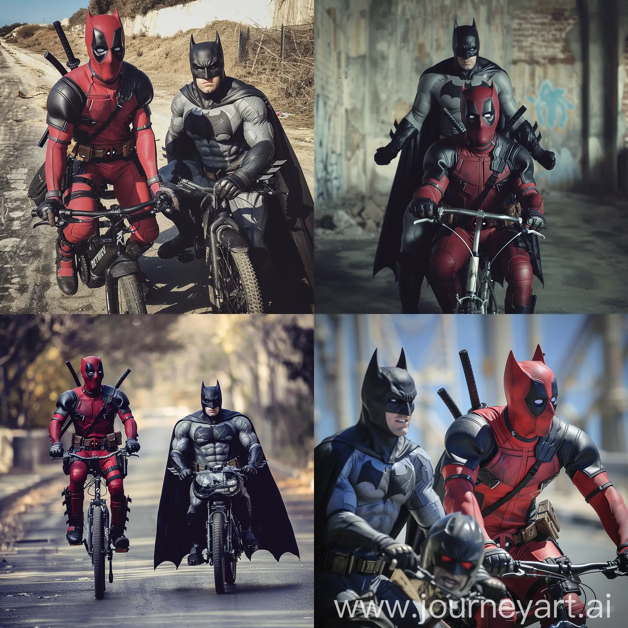 deadpool and batman on bike