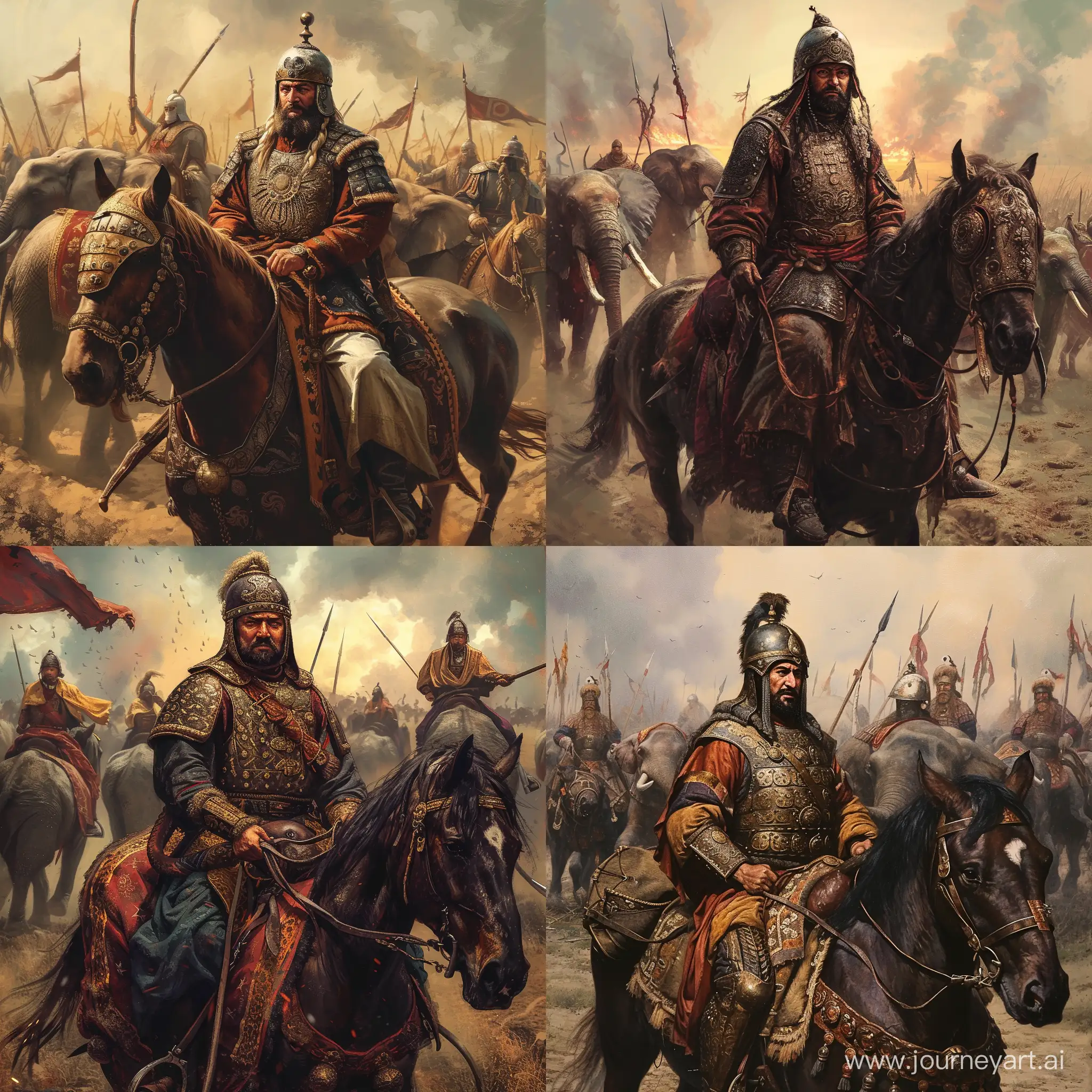 Founder of Timurid Empire Turkic Khan Emir Timur (Tamerlane) on his horse at battle field. He is wearing Turko-Mongol khan armor and helmet. War elephants on background. Impressive detailed. Realistic image.