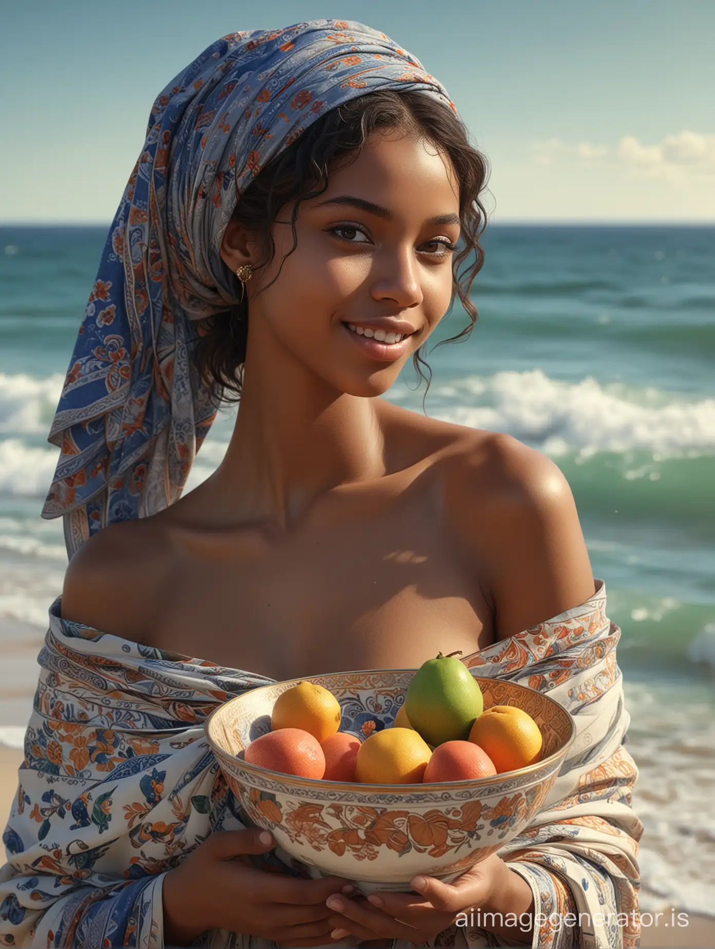 nude, 18 year old, most beautiful nude Senegalese girl on Senegalese beach, blue sea in the background, firm perky breasts, abundant flowers, holding bowl with exotic fruits, shy smile, sensual longing look, partly covering herself with silk scarf, realistic, stunning realistic photograph, full lips, 3d render, octane render, intricately detailed, cinematic, trending on ArtStation | Isometric | Centered hyper realistic cover photo awesome full color, hand drawn, dark, gritty, realistic style similar to Mucha, Klimt, Erte .12k, intricate. high definition , cinematic, Rough sketch, mix of bold dark lines and loose lines, bold lines, on paper