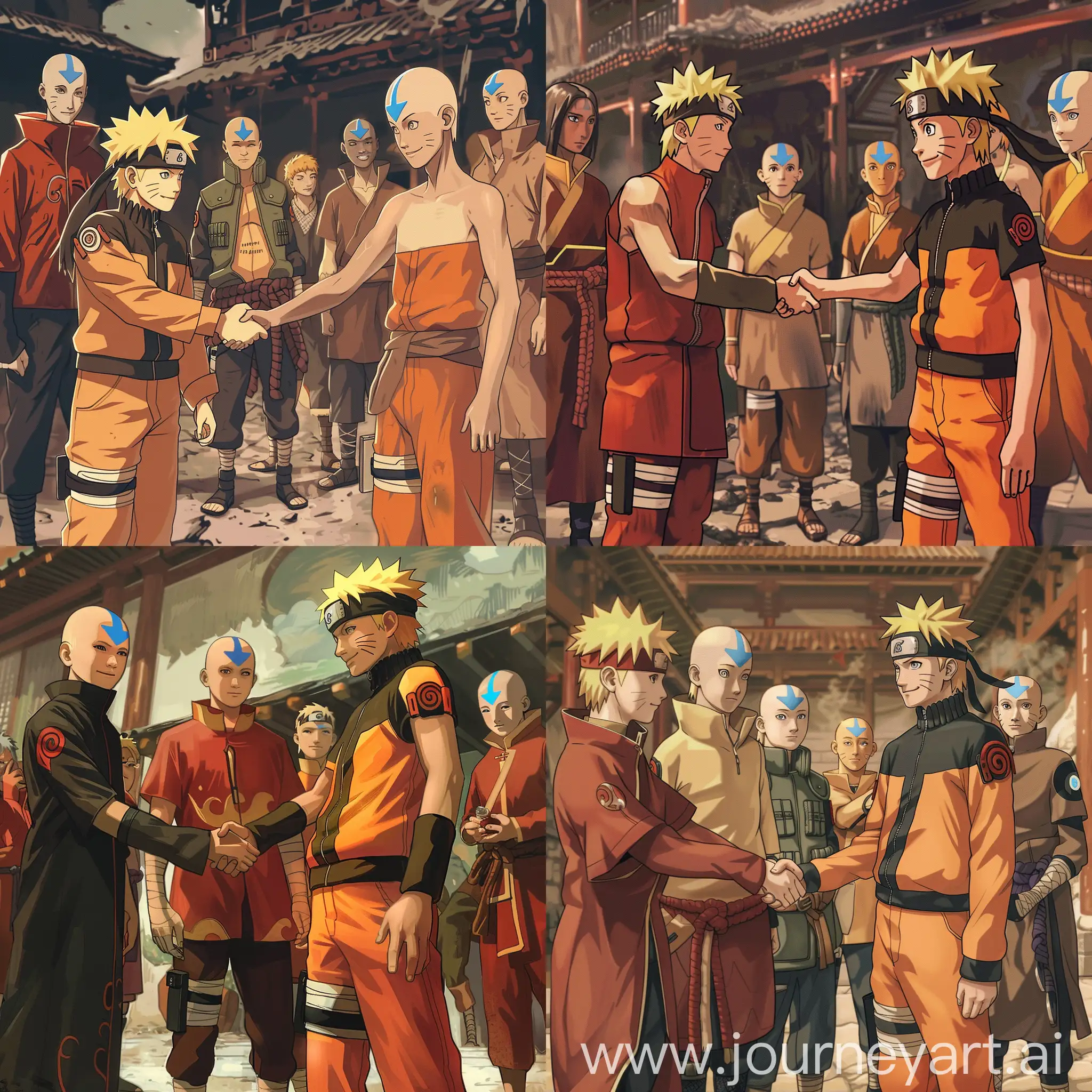 Naruto is shaking hand with Aang of the last Airbender. other characters of Naruto manga and the last Airbender cartoon are watching them,